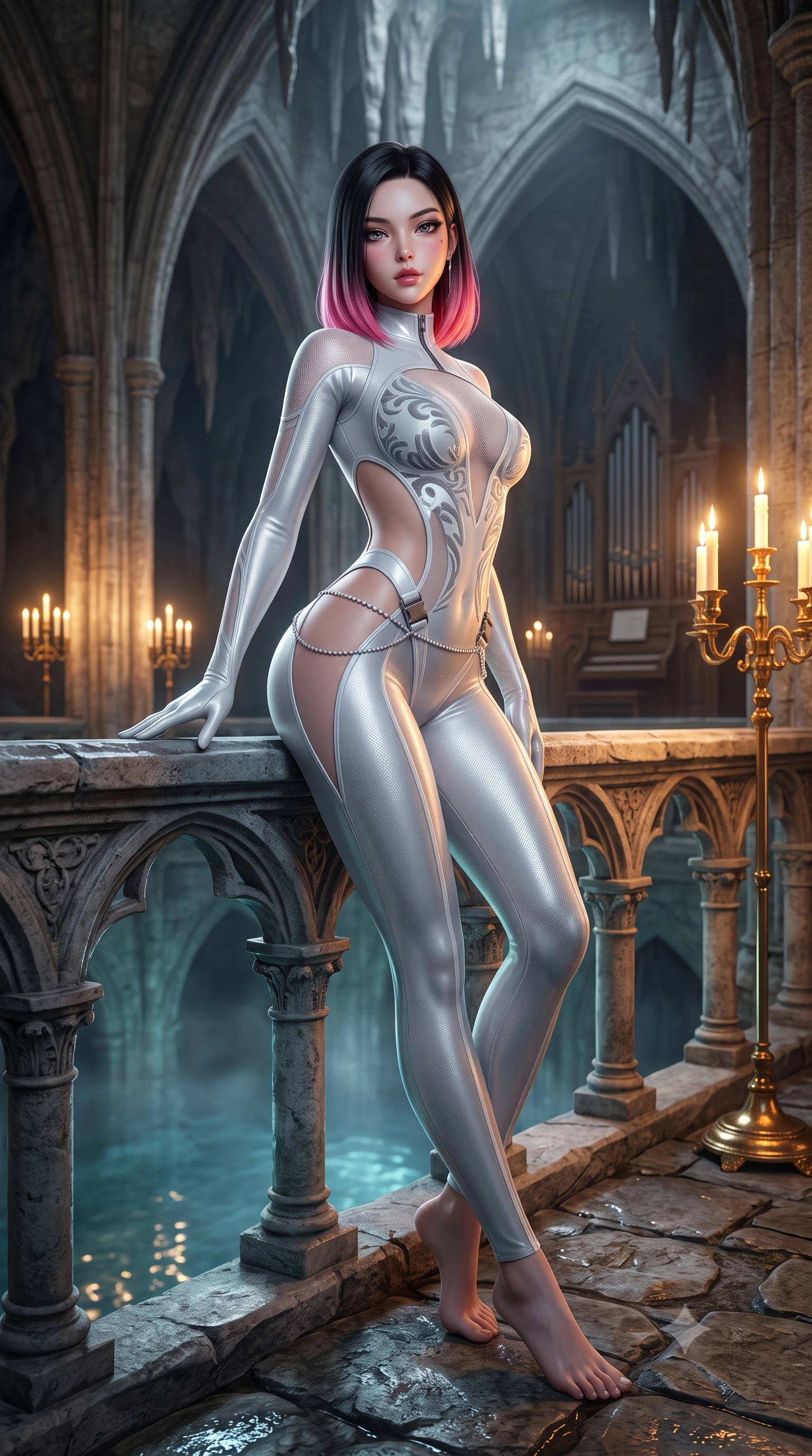 score_9, masterpiece, best quality, ultra-detailed, high-budget anime keyframe, semi-realistic 3D game render, editorial fashion photography, tasteful artistic composition, Korean woman. low angle full-body shot from head to toe showing her feet, filling the entire 9:16 vertical frame with her statuesque presence, stretching her vertical silhouette. leaning deep against the structural architecture with hips cocked in an unapologetically bold, seductive high-fashion stance while resting one hand on the cold stone balustrade above the mist-veiled subterranean pool, lower back arched to emphasize her sculpted feminine hips. The composition keeps background elements in soft focus with creamy bokeh. towering limestone stalactite arches and gothic pipe organ silhouettes softened in atmospheric shallow focus. She has an exceptionally tall and slender model-like 8.5-heads proportion, an ultra-slim waist, a flat toned midriff, narrow delicate ribcage, and beautifully sculpted feminine hips creating a graceful, slim hourglass silhouette without any bulky heaviness, with impossibly long slender legs. sharp v-shaped jawline, high-bridge nose, intricate jewel-like eyes with depth, thick eyelashes, glossy parted lips with a natural sheen, intensely captivating and seductive bedroom-eyes expression, flawlessly proportioned anatomical accuracy, strict slender model proportions, natural body alignment, perfectly sculpted long slender limbs, ultra-slim waistline, clean dynamic posture without body distortion. wearing a high-collar speedsuit featuring bold side-torso cutouts and quick-release titanium buckles in liquid starlight silver and arctic glacier white, made of sheer contouring power-mesh with velvet flocking patterns, accented with a dainty diamond waist chain catching the ambient light reflections, the glove-like aerodynamic silhouette tightly following the natural contour of her hips and long slender legs with statuesque 8.5-heads elegance. bathed in warm golden candelabra flicker from all sides and soft subterranean lake water reflections. highly saturated vibrant anime colors, detailed shading with soft gradients, rich glossy textures, high-contrast stereoscopic depth, volumetric dynamic lighting, master piece, 9:16 ratio