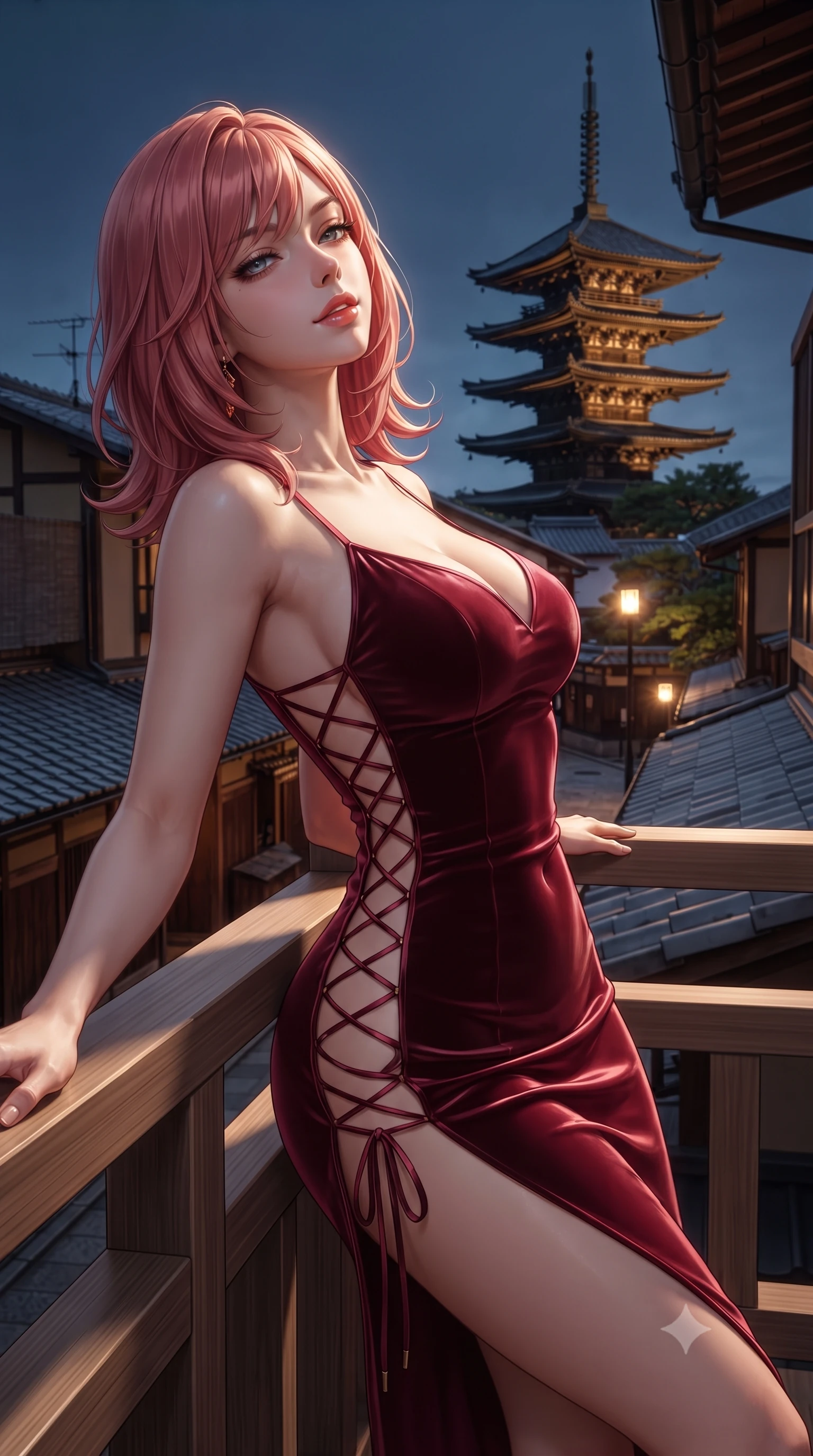 score_9, masterpiece, best quality, ultra-detailed, high-budget anime keyframe, editorial fashion photography, tasteful artistic composition, Japanese woman. close-up cowboy shot from the waist and thighs up, the character dominates the composition, filling the frame with her large presence. leaning back against the balustrade with relaxed seductive grace, head tilted back slightly while casting a hypnotic, heavy-lidded gaze while leaning against the minimalist timber balustrade with hips cocked back, looking toward the distant illuminated Yasaka Pagoda with smoldering eyes. The surrounding environment is rendered in vivid detail and crisp panoramic clarity: sharp natural cedar wood grain, antique ceramic roof tiles, and delicate sake cup lacquer glaze in deep focus. She has an exceptionally elegant, slender, and willowy female figure with an ultra-slim waist, flat toned midriff, narrow ribcage, and sculpted feminine hips creating an alluring, slim hourglass silhouette without bulk. sharp v-shaped jawline, high-bridge nose, sparkling eyes with hypnotic seductive depth, thick curled eyelashes, glossy parted lips with a natural dewy peach sheen, alluring bedroom-eyes with an enchanting coquettish smile, exuding magnetic siren charisma and sophisticated glamour, flawlessly proportioned anatomical accuracy, strict slender model proportions, natural body alignment, perfectly sculpted long slender limbs, ultra-slim waistline, clean dynamic posture without body distortion. wearing a provocative high-neck sheer illusion cocktail dress with liquid satin ribbons contouring her curves in Belle Époque bordeaux and gilded 24k gold, tailored from ultra-plush velvet with rich tactile depth and deep shadow gradients, featuring fine criss-cross lace-up side ties revealing tantalizing glimpses of her hip curve, the liquid-tight tailored fabric clinging flawlessly to her narrow waist and rounded feminine hips, emphasizing every millimeter of her sculpted slim hourglass curves without any bulky heaviness. illuminated by polished cedar reflection bounce and sharp platinum-gold rim lights sculpting her razor-sharp jawline, narrow waist, and curvy hips. ultra-reflective glossy finish, specular highlights, rich textural contrasts, high-contrast stereoscopic depth, volumetric dynamic lighting, 2k, ultra detail, master piece, 9:16 ratio