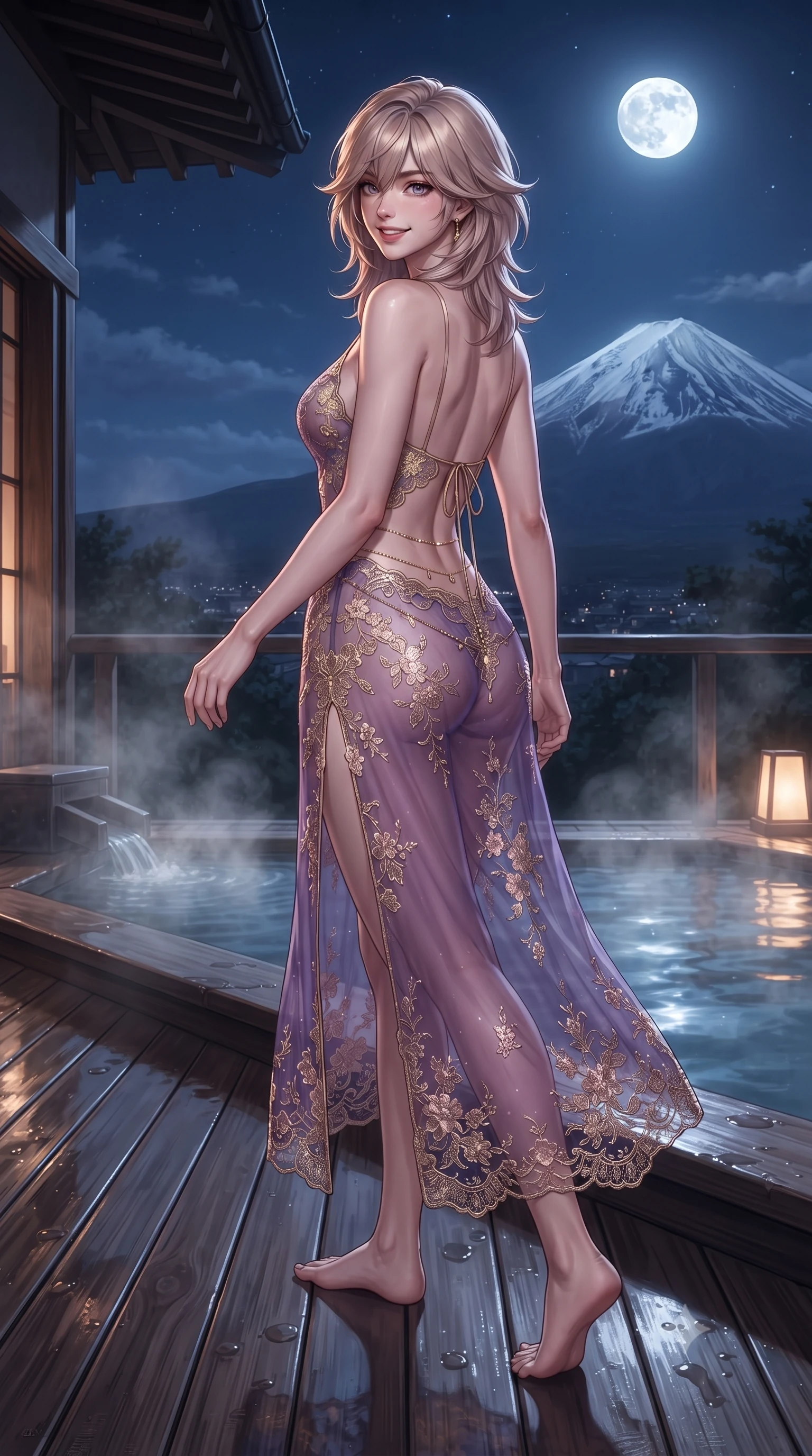score_9, masterpiece, best quality, ultra-detailed, high-budget anime keyframe, editorial fashion photography, tasteful artistic composition, Japanese woman. low angle full-body shot from head to toe showing her feet, filling the entire 9:16 vertical frame with her statuesque presence, stretching her vertical silhouette. walking along the terrace with poise, looking back over her bare shoulder with an irresistible smoldering bedroom-gaze while standing poised on the heated cypress deck beside the steaming rooftop onsen, arching her lower back with siren allure as the snow-capped cone of Mount Fuji gleams under full moonlight. The surrounding environment is rendered in vivid detail and crisp panoramic clarity: detailed semi-sheer botanical lace teddy weave, open back ties, and master Japanese woodworking in razor-sharp precision. She has an exceptionally tall and slender model-like 8.5-heads proportion, an ultra-slim waist, a flat toned midriff, narrow delicate ribcage, and beautifully sculpted feminine hips creating a graceful, slim hourglass silhouette without any bulky heaviness, with impossibly long slender legs. sharp v-shaped jawline, high-bridge nose, intricate jewel-like sparkling eyes with depth, thick eyelashes, glossy parted lips with a natural peach sheen, bright cheerful beaming smile with an enchanting and coquettish sensual glint, exuding both youthful cute charm and seductive allure, flawlessly proportioned anatomical accuracy, strict slender model proportions, natural body alignment, perfectly sculpted long slender limbs, ultra-slim waistline, clean dynamic posture without body distortion. wearing a gossamer sheer mesh slip dress with delicate gold embroidery and hip-high double side slits in orbital nebula violet and luminescent rose gold, made of delicate embroidered tulle lace with intricate floral motifs and soft transparency, accented with a dainty gold belly chain resting across her flat midriff and curving hips, the liquid-tight tailored fabric clinging flawlessly to her narrow waist and rounded feminine hips, emphasizing every millimeter of her sculpted slim hourglass curves without any bulky heaviness. illuminated by hot spring caustics bounce and sharp platinum-rose rim lights sculpting her cheekbones, flat midriff, and curvaceous hips. ultra-reflective glossy finish, specular highlights, rich textural contrasts, high-contrast stereoscopic depth, volumetric dynamic lighting, 2k, ultra detail, master piece, 9:16 ratio