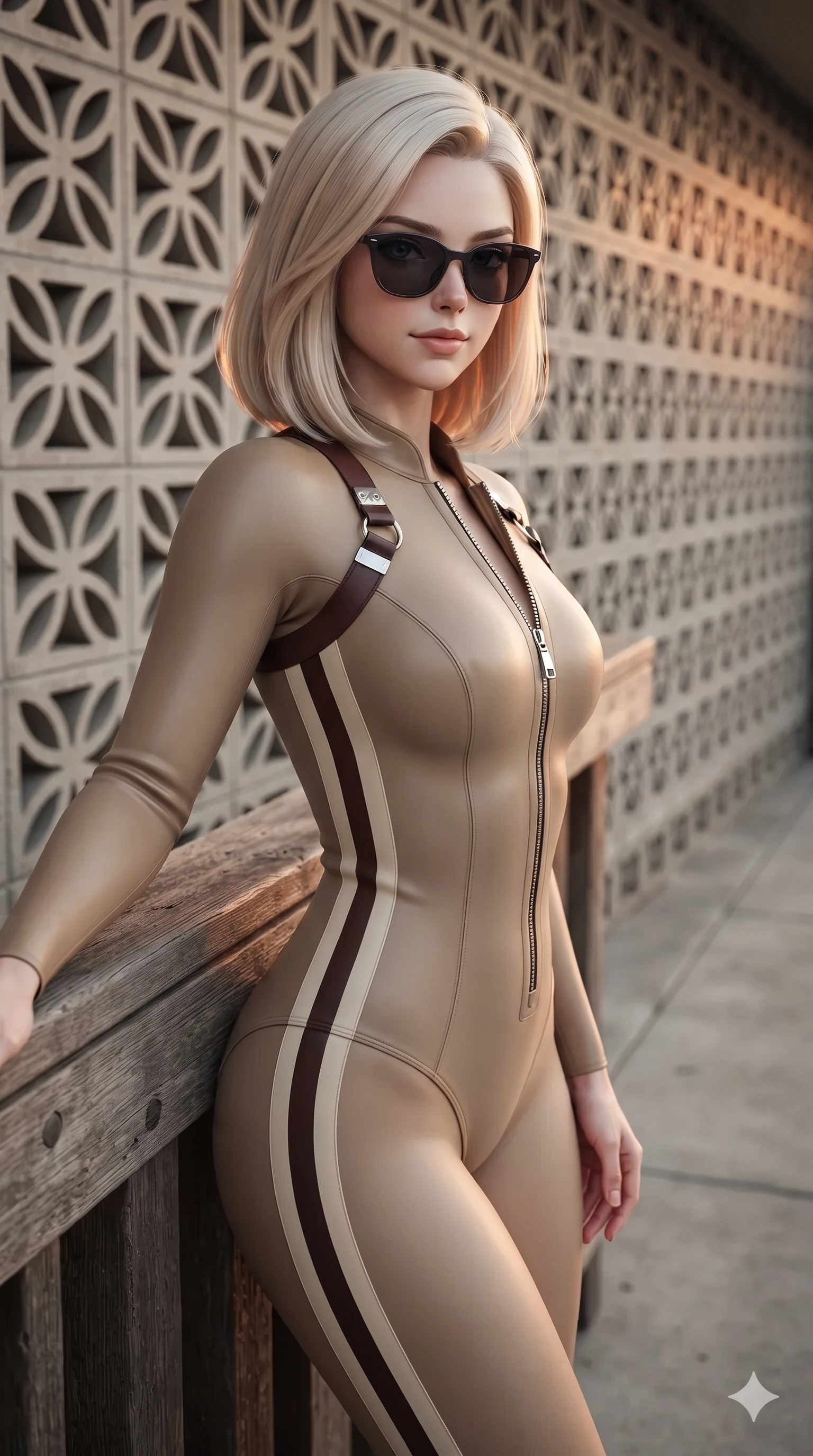 score_9, masterpiece, best quality, ultra-detailed, high-budget anime keyframe, editorial fashion photography, tasteful artistic composition, Caucasian woman. close-up cowboy shot from the waist and thighs up, the character dominates the composition, filling the frame with her large presence. leaning against the timber guardrail with hips cocked back, looking through dark sunglasses with an alluring, confident half-smile while standing in a tall, confident posture beside a decorative geometric breeze-block wall, stretching her statuesque body as she arches her lower back to emphasize her curvy hips. The surrounding environment is rendered in vivid detail and crisp panoramic clarity: sharp cast-concrete breeze block geometry, weathered turquoise metal railing paint, and textured stucco walls in deep focus. She has an exceptionally elegant, slender, and willowy female figure with an ultra-slim waist, flat toned midriff, narrow ribcage, and sculpted feminine hips creating an alluring, slim hourglass silhouette without bulk. sharp v-shaped jawline, high-bridge nose, sparkling eyes with hypnotic seductive depth, thick curled eyelashes, glossy parted lips with a natural dewy peach sheen, alluring bedroom-eyes with an enchanting coquettish smile, exuding magnetic siren charisma and sophisticated glamour, flawlessly proportioned anatomical accuracy, strict slender model proportions, natural body alignment, perfectly sculpted long slender limbs, ultra-slim waistline, clean dynamic posture without body distortion. wearing a form-contouring wet-look neoprene zip-front surfing bodysuit with high-cut leg openings and racing side stripes in matte desert tan and polished chrome accents, crafted from supple double-faced desert suede with an exceptionally soft matte finish, accented with an open-back drape framed by falling strands of delicate chrome chains, the impeccably tailored cut draping gracefully along her slender figure with aristocratic western poise. illuminated by concrete walkway bounce and sharp coral-amber rim lights defining her razor-sharp jawline, narrow waist, and curvy hips. ultra-reflective glossy finish, specular highlights, rich textural contrasts, high-contrast stereoscopic depth, volumetric dynamic lighting, 2k, ultra detail, master piece, 9:16 ratio