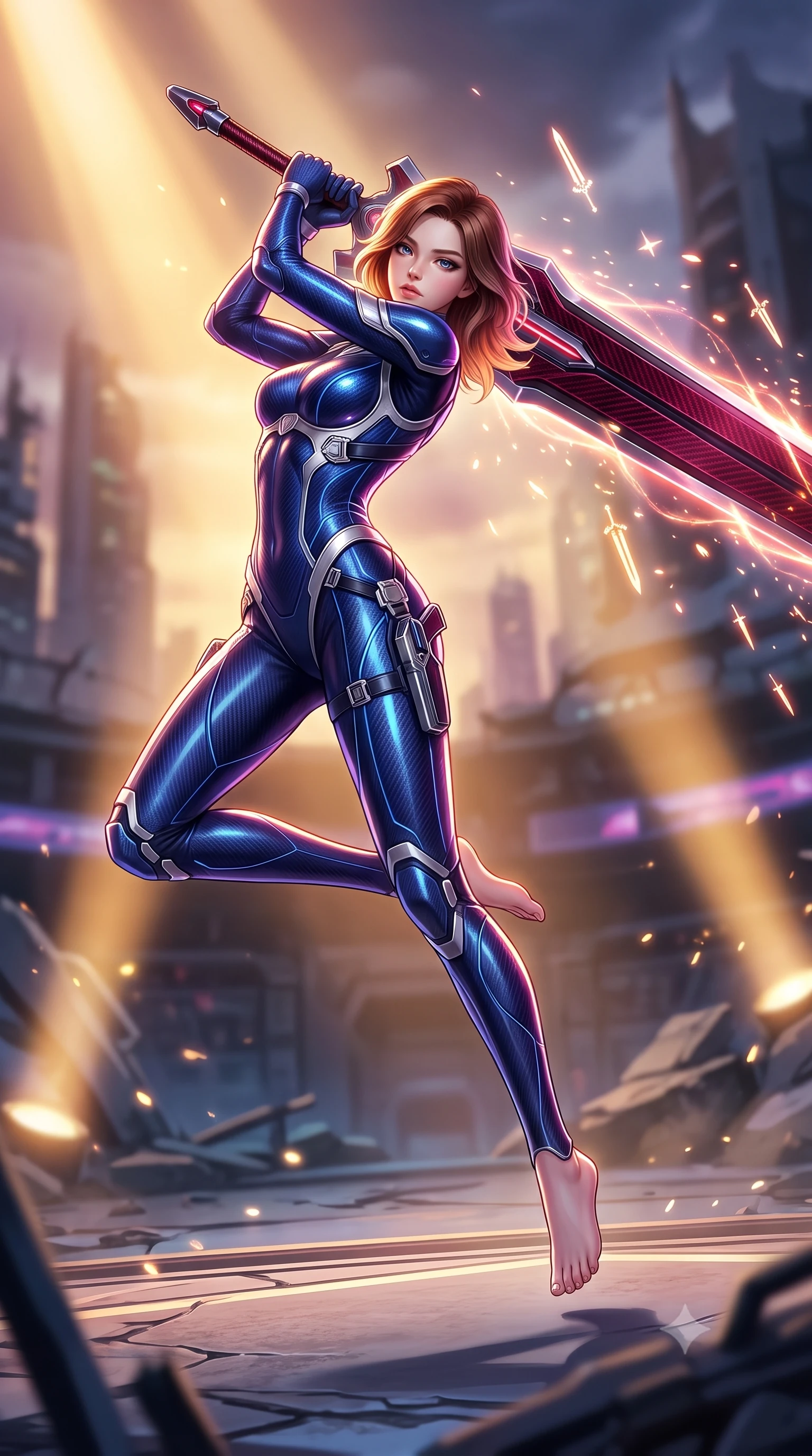 score_9, masterpiece, best quality, ultra-detailed, high-budget anime keyframe, semi-realistic 3D game render, editorial fashion photography, tasteful artistic composition, Korean woman. low angle full-body shot from head to toe showing her feet, filling the entire 9:16 vertical frame with her statuesque presence, stretching her vertical silhouette. arching her back gracefully in mid-air during a dynamic combat vault, her weapon energy trail framing her statuesque presence while striding forward across the ruined arena floor with greatsword held in one hand with effortless supermodel strength. The composition keeps background elements in soft focus with creamy bokeh. sparks and glowing sword glyphs scattering radiant light motes across a ruined futuristic backdrop. She has an absolutely perfect, statuesque 8.5-heads proportion, an exceptionally tall and slender model-like female figure with impossibly long slender legs, a toned flat midriff, and an ultra-slim waist. sharp v-shaped jawline, high-bridge nose, intricate jewel-like eyes with depth, thick eyelashes, glossy lips with a natural sheen, flawlessly proportioned anatomical accuracy, strict slender model proportions, natural body alignment, perfectly sculpted long slender limbs, ultra-slim waistline, clean dynamic posture without body distortion. wearing a statuesque midnight cobalt carbon-fiber armor-suit with platinum trim and an ultra-slim waistline, resting a massive sleek high-frequency anti-material greatsword across her shoulder in deep crimson carbon weave with specular dark chrome accents, crafted from semi-translucent cybernetic carbon-vinyl interwoven with glowing micro-filaments, detailed with magnetic weapon holsters and polished chrome connection clasps, the glove-like aerodynamic second-skin fit tightly clinging to her ultra-slender waist and athletic curves without adding bulk, accentuating her razor-sharp statuesque lines and slim hourglass silhouette. bathed in warm golden arena searchlights and glowing greatsword energy channel radiance. rich saturated anime colors with glowing neon highlights, detailed shading with soft gradients, rich glossy textures, high-contrast stereoscopic depth, volumetric dynamic lighting, master piece, 9:16 ratio
