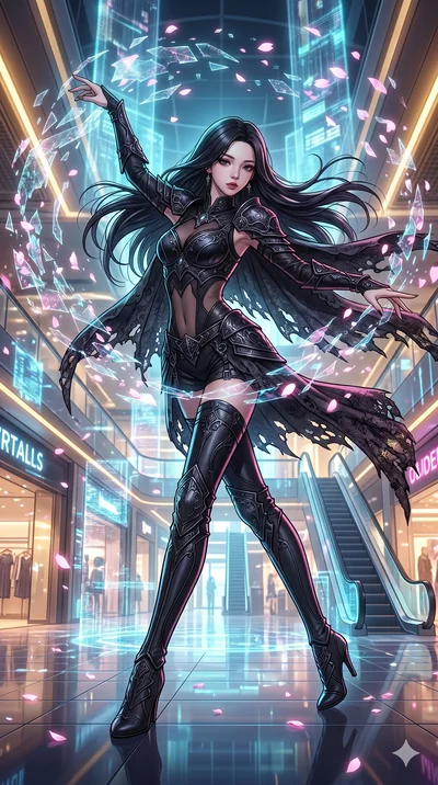 score_9, masterpiece, best quality, ultra-detailed, high-budget anime movie keyframe, cinematic anime lighting, intricate line art, Korean woman. Dynamic full-body shot stretching the vertical silhouette across the 9:16 frame. dancing with data-shard