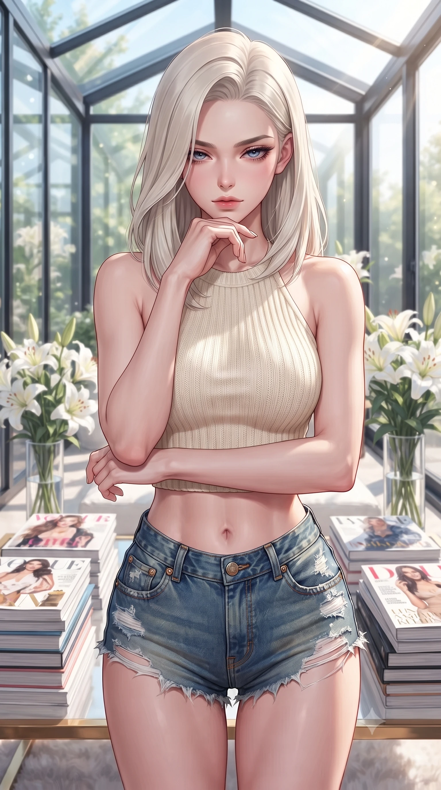 score_9, masterpiece, best quality, ultra-detailed, high-budget anime keyframe, editorial fashion photography, tasteful artistic composition, Caucasian woman. close-up cowboy shot from the waist and thighs up, the character dominates the composition, filling the frame with her large presence, background elements kept in soft focus. resting her chin on the backs of her fingers, casting a heavy-lidded, sultry look past the camera the background shows a soft-focus a modern glass-walled sunroom filled with luxury fashion magazines and white lilies. She has an exceptionally elegant, slender, and willowy female figure with an ultra-slim waist, a gracefully sculpted slender torso, and a refined silhouette. sharp v-shaped jawline, high-bridge nose, intricate jewel-like eyes with depth, thick eyelashes, glossy lips with a natural sheen. wearing a tailored chic knit halter crop top paired with denim micro-shorts, showing her delicately sculpted midriff. bright morning sun rays creating fresh and energetic shadows. highly saturated vibrant anime colors, detailed shading with soft gradients, rich glossy textures, high-contrast stereoscopic depth, volumetric dynamic lighting, master piece, 9:16 ratio