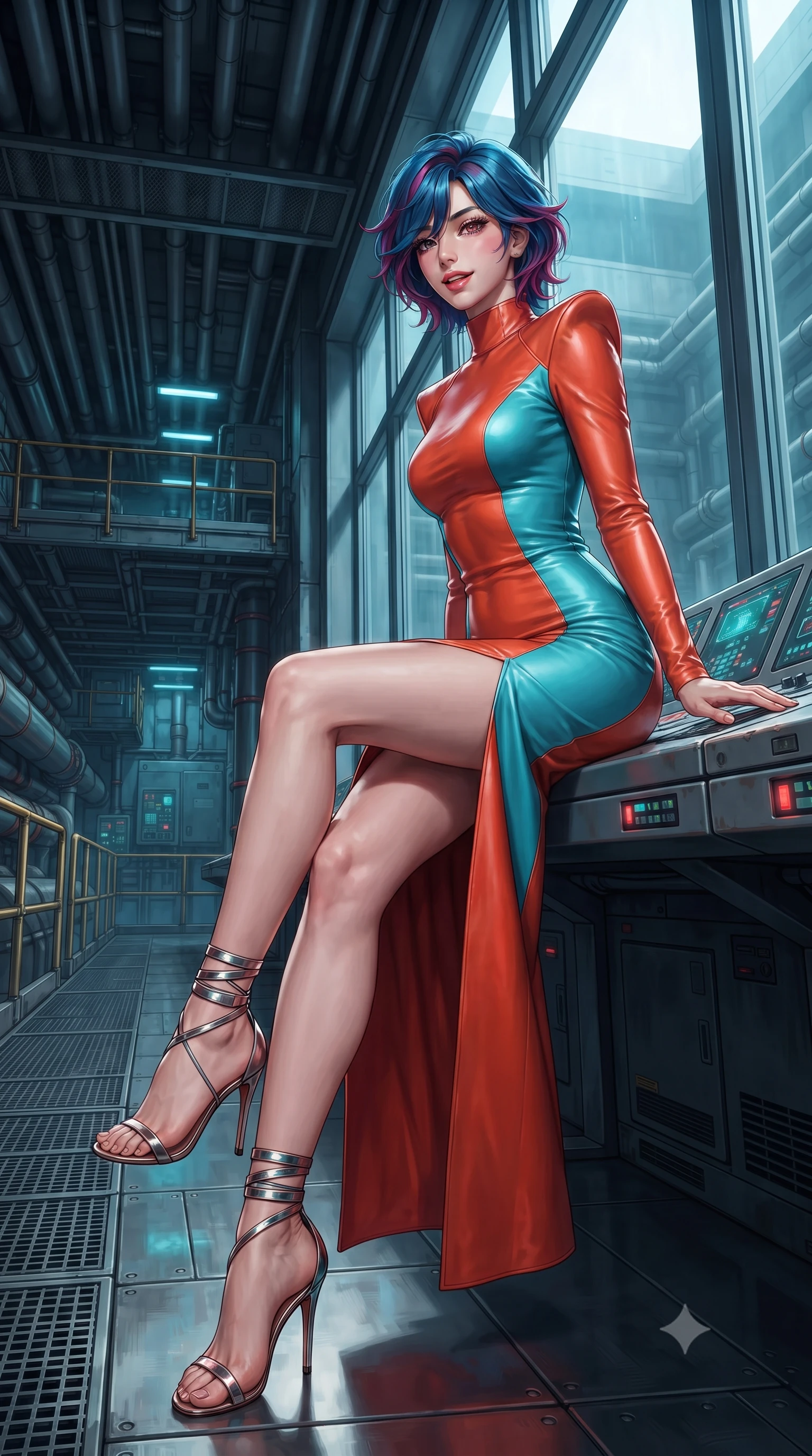 score_9, masterpiece, best quality, ultra-detailed, high-budget anime keyframe, editorial fashion photography, tasteful artistic composition, Korean woman. low angle full-body shot from head to toe showing her feet, filling the entire 9:16 vertical frame with her statuesque presence, stretching her vertical silhouette. posing in a classic haute-couture S-curve stance beside the floor-to-ceiling window, looking over a bare shoulder with magnetic presence while sitting gracefully on the industrial control station console with legs crossed, flashing a teasing smile with parted glossy lips. The surrounding environment is rendered in vivid detail and crisp panoramic clarity: detailed garment construction, tactical leather sheen, and monumental subterranean infrastructure in high resolution. She has an exceptionally tall and slender model-like 8.5-heads proportion, an ultra-slim waist, a flat toned midriff, narrow delicate ribcage, and beautifully sculpted feminine hips creating a graceful, slim hourglass silhouette without any bulky heaviness, with impossibly long slender legs. sharp v-shaped jawline, high-bridge nose, intricate jewel-like sparkling eyes with depth, thick eyelashes, glossy parted lips with a natural peach sheen, bright cheerful beaming smile with an enchanting and coquettish sensual glint, exuding both youthful cute charm and seductive allure, flawlessly proportioned anatomical accuracy, strict slender model proportions, natural body alignment, perfectly sculpted long slender limbs, ultra-slim waistline, clean dynamic posture without body distortion. wearing a body-hugging liquid mercury jersey combat gown with high mock neck and structured shoulder pads clinging flawlessly to her silhouette in cyber-shinto vermilion and laser turquoise, woven from buttery-soft stretch lambskin leather adhering to her body like a second skin, complemented by strappy stiletto sandals with metallic ankle wraps accentuating her slender calves, the impeccably tailored cut draping gracefully along her slender figure with aristocratic poise. illuminated by steel catwalk reflection bounce and sharp electric-cyan rim lights sculpting her jawline, narrow waist, and curvy hips. ultra-reflective glossy finish, specular highlights, rich textural contrasts, high-contrast stereoscopic depth, volumetric dynamic lighting, 2k, ultra detail, master piece, 9:16 ratio