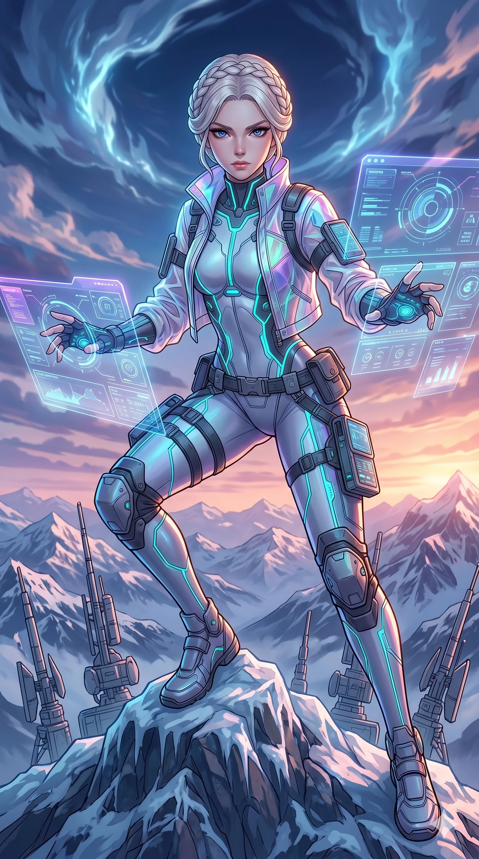 score_9, masterpiece, best quality, ultra-detailed, high-budget anime movie keyframe, cinematic anime lighting, intricate line art, Caucasian (strictly human ears) woman. Dynamic full-body shot stretching the vertical silhouette with extreme perspective. hacking the planetary climate control system from a mountain base. She has an absolutely perfect 8-heads proportion, an exceptionally tall and slender female figure with graceful and slender proportions. strictly human anatomy, two legs only, no extra limbs, clearly defined legs and arms, perfect anatomy, perfect hands and fingers. sharp v-shaped jawline, high-bridge nose, intricate jewel-like eyes, thick eyelashes, glossy lips. Wearing Tech-Fantasy: Cybernetic tech-suit with glowing seams, translucent jacket over a bodysuit, and modular tactical gear. The scene is illuminated by dramatic atmospheric lighting and vibrant color palettes. , 2k, ultra detail, master piece, 9:16 ratio