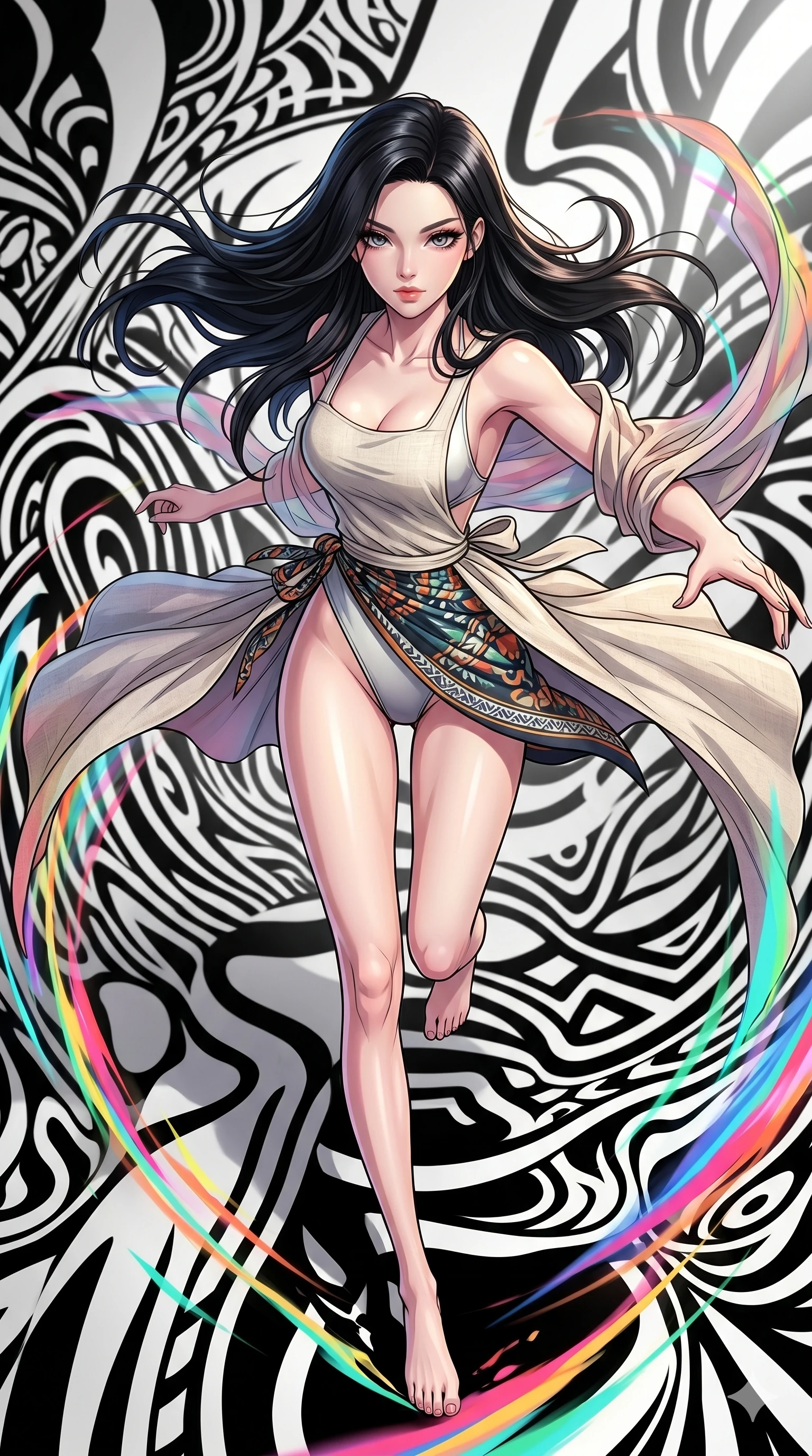 score_9, masterpiece, best quality, ultra-detailed, high-budget anime movie keyframe, cinematic anime lighting, intricate line art, Japanese woman. Extreme high angle shot as she leaps towards the camera, filling the frame. spinning in a world of black and white, her motion leaving color trails. She has an absolutely perfect 8-heads proportion, an exceptionally tall and slender female figure with an ultra-slim waist and impossibly long slender legs. strictly human anatomy, two legs only, no extra limbs, clearly defined legs and arms, perfect anatomy, perfect hands and fingers. sharp v-shaped jawline, high-bridge nose, intricate jewel-like eyes, thick eyelashes, glossy lips. Wearing Seasonal/Resort: High-cut one-piece with sarong, linen sundress with tie-back, and sheer fabric wrap. The scene is illuminated by dramatic atmospheric lighting and vibrant color palettes. , 2k, ultra detail, master piece, 9:16 ratio