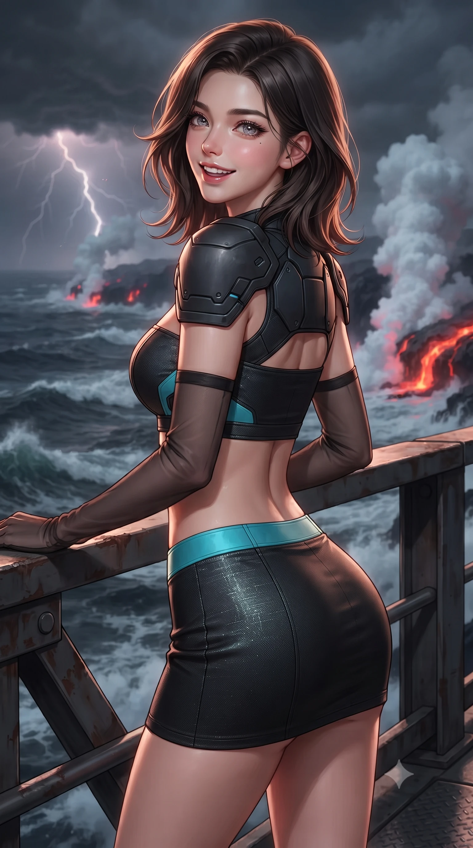 score_9, masterpiece, best quality, ultra-detailed, high-budget anime keyframe, editorial fashion photography, tasteful artistic composition, Korean woman. close-up cowboy shot from the waist and thighs up, the character dominates the composition, filling the frame with her large presence. posing in an alluring rear three-quarter angle, looking over a bare shoulder with parted glossy lips, her hips cocked back to highlight her slim hourglass curve while standing poised on the heavy cantilevered steel balcony overlooking churning black ocean waves, arching her back with siren poise as glowing red lava flows meet the sea in colossal steam clouds. The background shows a soft-focus incandescent orange molten lava cascades hitting stormy black ocean water, colossal white steam geysers, and distant storm lightning blurred into tangerine, ruby, and charcoal bokeh. She has an exceptionally elegant, slender, and willowy female figure with an ultra-slim waist, flat toned midriff, narrow ribcage, and sculpted feminine hips creating an alluring, slim hourglass silhouette without bulk. sharp v-shaped jawline, high-bridge nose, intricate jewel-like sparkling eyes with depth, thick eyelashes, glossy parted lips with a natural peach sheen, bright cheerful beaming smile with an enchanting and coquettish sensual glint, exuding both youthful cute charm and seductive allure, flawlessly proportioned anatomical accuracy, strict slender model proportions, natural body alignment, perfectly sculpted long slender limbs, ultra-slim waistline, clean dynamic posture without body distortion. wearing an ultra-cropped tactical tech-wear bandeau top with molded shoulder armor paired with a micro mini skirt revealing her flat toned midriff in tactical obsidian black and high-voltage cyan, tailored from high-density tech-wool with subtle metallic thread weave, complemented by sheer opera-length evening gloves tracing her slender arms, the precision-cut side openings and low-back scoop framing her graceful spine and the sensual sweep of her slim, toned hips. bathed in the intense warm 1800K radiant glow of incandescent magma contrasted with cold stormy sea spray. ultra-reflective glossy finish, specular highlights, rich textural contrasts, high-contrast stereoscopic depth, volumetric dynamic lighting, 2k, ultra detail, master piece, 9:16 ratio