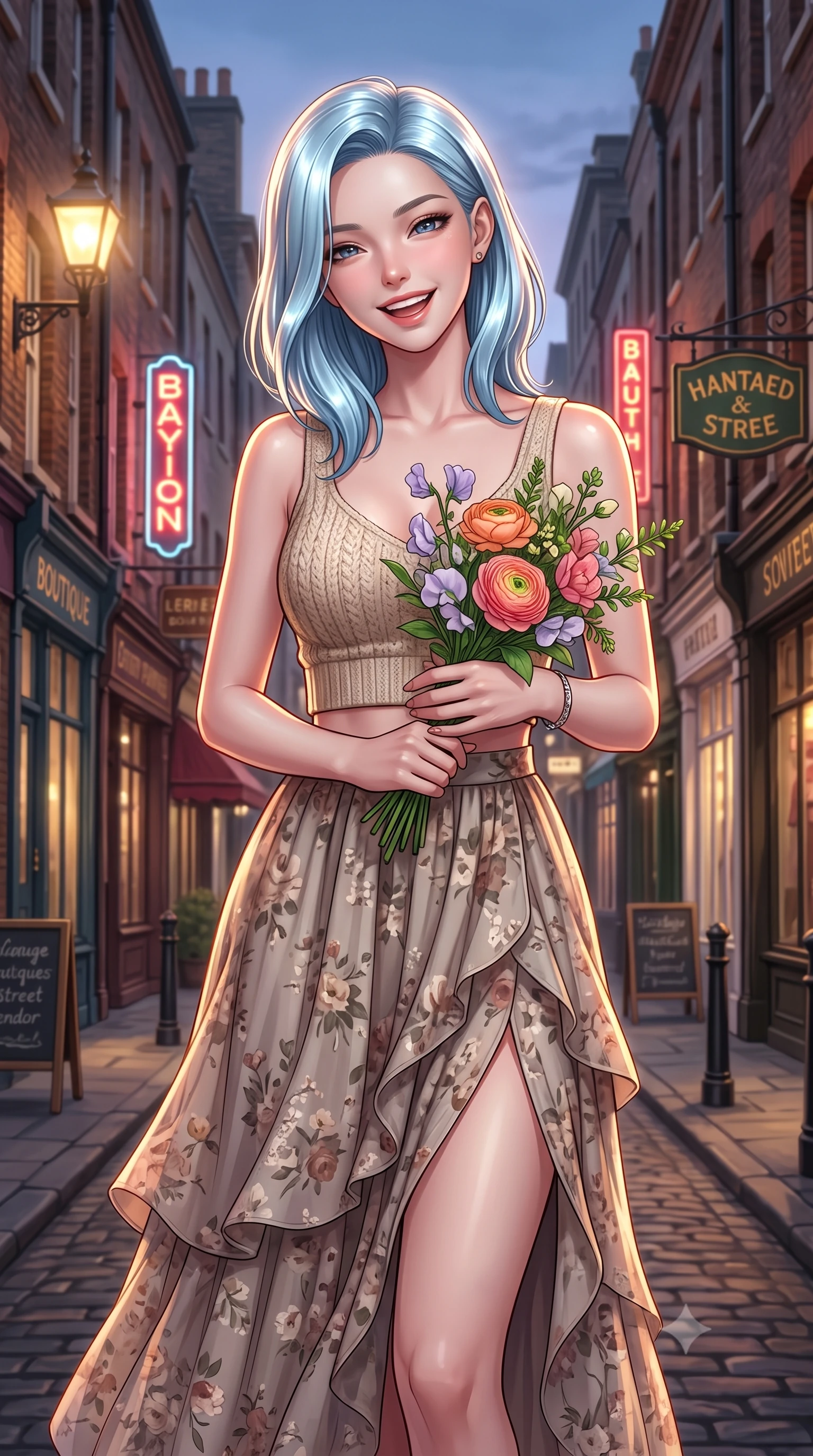 score_9, masterpiece, best quality, ultra-detailed, high-budget anime keyframe, editorial fashion photography, tasteful artistic composition, Korean woman. close-up cowboy shot from the waist and thighs up, the character dominates the composition, filling the frame with her large presence, background elements kept in soft focus. laughing softly with a charming expression, tilting her head cutely to the side set against a soft-focus background of walking along a historic street lined with brick boutiques and vintage signs holding a small bouquet of fresh flowers bought from a street vendor. She has an exceptionally elegant, slender, and willowy female figure with an ultra-slim waist, a gracefully sculpted slender torso, and a refined silhouette. sharp v-shaped jawline, high-bridge nose, intricate jewel-like eyes with depth, thick eyelashes, glossy lips with a natural sheen. wearing tailored crop top in oatmeal knit paired with a flowy midi skirt featuring a high side slit. vibrant streetlights and store signs casting dynamic highlights on her form. ultra-reflective glossy finish, specular highlights, metallic sheen, high-contrast stereoscopic depth, volumetric dynamic lighting, 2k, ultra detail, master piece, 9:16 ratio
