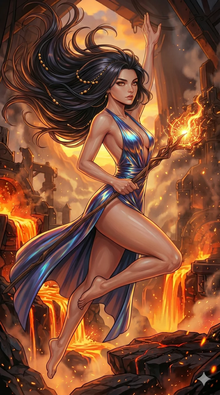 score_9, masterpiece, best quality, ultra-detailed, high-budget anime movie keyframe, cinematic anime lighting, intricate line art, Korean woman. Low angle cowboy shot filling the entire 9:16 frame with her statuesque presence. leaping gracefully in a volcanic lava forge during a golden sunset. She has an absolutely perfect 8-heads proportion, an exceptionally tall and slender female figure with an ultra-slim waist and impossibly long slender legs. sharp v-shaped jawline, high-bridge nose, intricate jewel-like eyes, thick eyelashes, glossy lips. Wearing avant-garde high-fashion gown made of iridescent vinyl with a dangerously high side slit and a plunging neckline, revealing an ultra-slim waist and long slender legs. The scene is illuminated by dramatic atmospheric lighting and vibrant color palettes. , 2k, ultra detail, master piece, 9:16 ratio