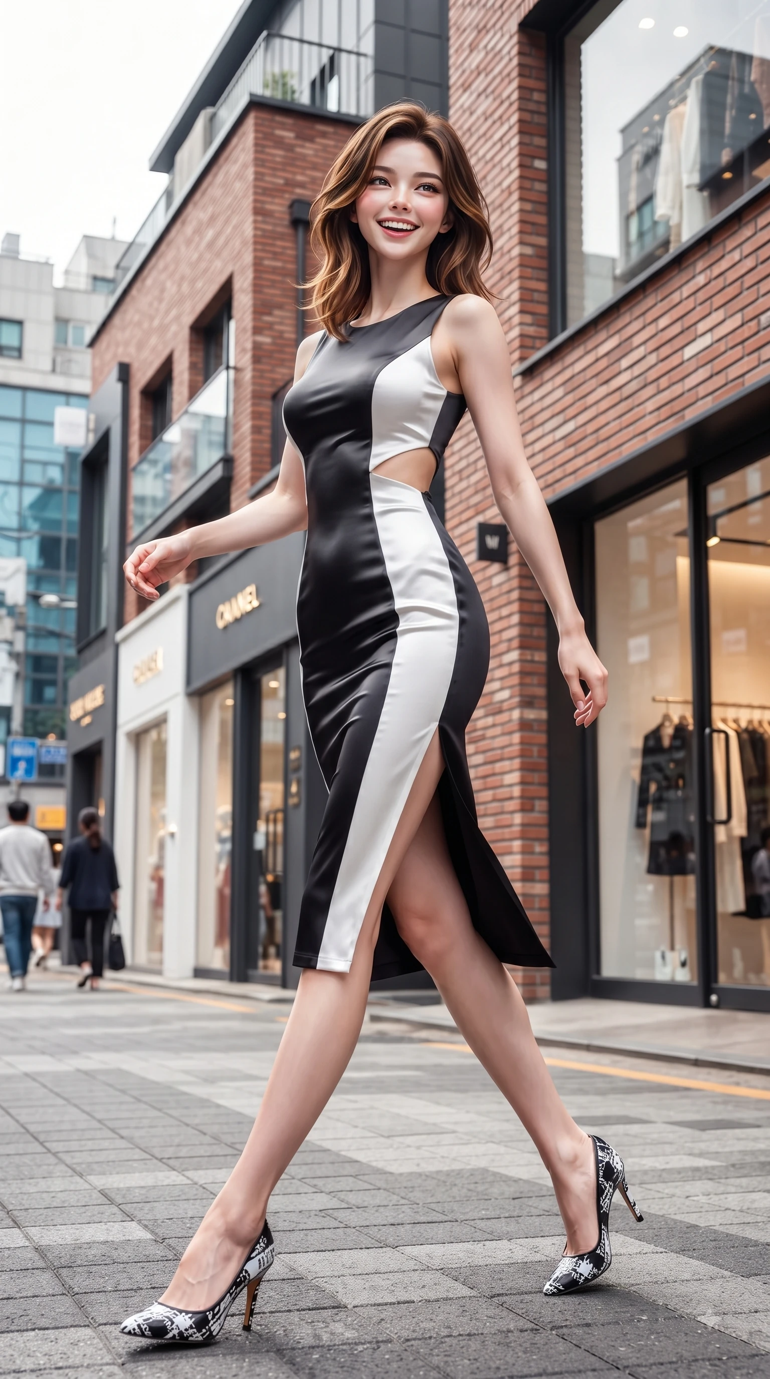 score_9, masterpiece, best quality, ultra-detailed, high-budget anime keyframe, editorial fashion photography, tasteful artistic composition, Korean woman. low angle full-body shot from head to toe showing her feet, filling the entire 9:16 vertical frame with her statuesque presence, stretching her vertical silhouette. stepping forward gracefully in mid-motion with a delighted cute expression, displaying her statuesque model proportions while pivoting gracefully outside a luxury fashion popup store with a captivating bright smile. The surrounding environment is rendered in vivid detail and crisp panoramic clarity. vibrant Seongsu boutique storefronts, brick facade textures, and modern glass windows in sharp clarity. She has an absolutely perfect, statuesque 8.5-heads proportion, an exceptionally tall and slender model-like female figure with impossibly long slender legs and an ultra-slim waist. sharp v-shaped jawline, high-bridge nose, intricate jewel-like eyes with depth, thick eyelashes, glossy lips with a natural sheen, flawlessly proportioned anatomical accuracy, natural body alignment, perfectly sculpted elegant limbs, clean dynamic posture without body distortion. wearing a form-contouring bodycon dress featuring subtle strategic side waist cutouts in sleek jet black and pure white contrast, crafted from smooth liquid silk satin, featuring a sleek side leg slit ascending to mid-thigh, the form-contouring material highlighting her ultra-slim waist and long lines. surrounded by a lively, stylish, and fresh city atmosphere. ultra-reflective glossy finish, specular highlights, metallic sheen, high-contrast stereoscopic depth, volumetric dynamic lighting, 2k, ultra detail, master piece, 9:16 ratio