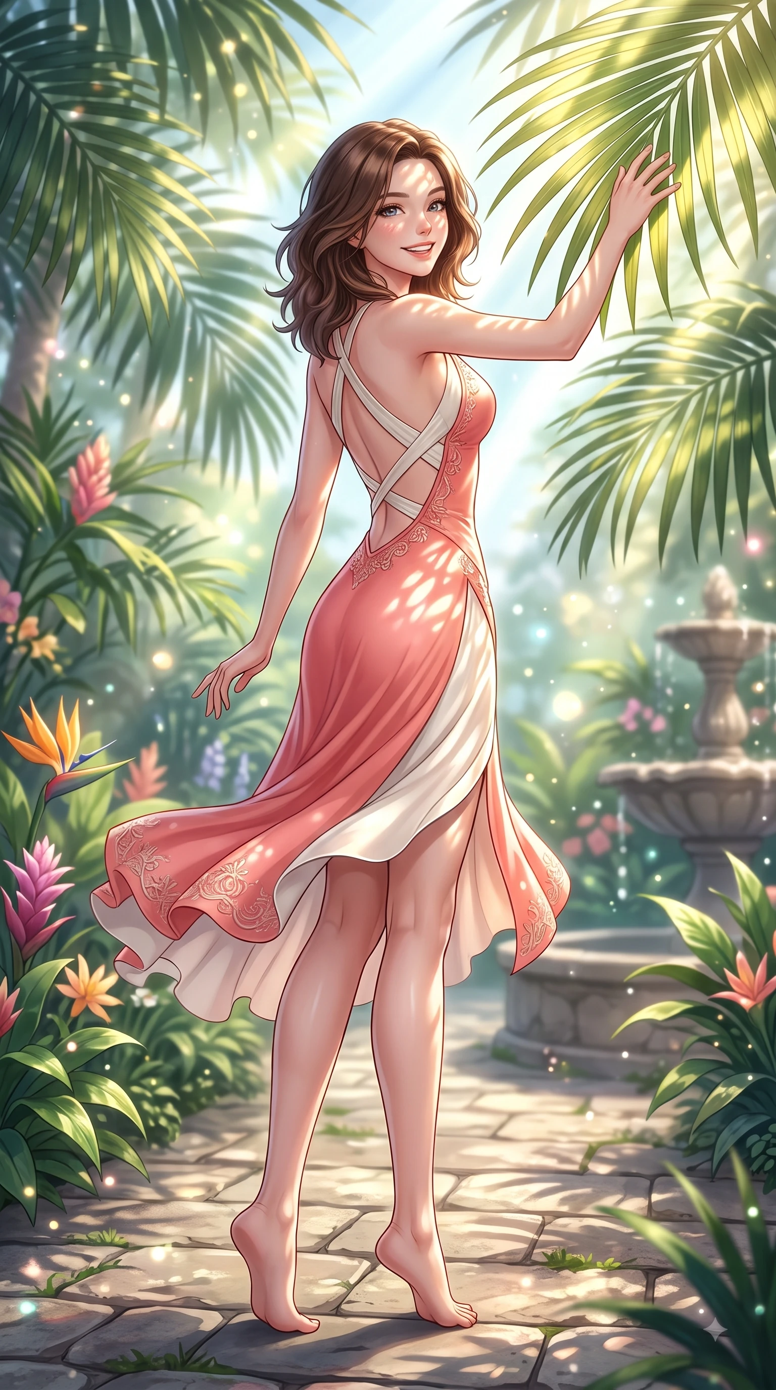 score_9, masterpiece, best quality, ultra-detailed, high-budget anime keyframe, editorial fashion photography, tasteful artistic composition, Korean woman. low angle full-body shot from head to toe showing her feet, filling the entire 9:16 vertical frame with her statuesque presence, stretching her vertical silhouette. performing a cheerful mid-motion turn with flawless poise, her radiant smile capturing fresh girlhood energy while reaching one arm out cheerfully to touch a sun-lit green leaf with a delightful smile. The composition keeps background elements in soft focus with dreamy bokeh. sunbeams filtering through palm leaves scattering soft background light motes. She has an absolutely perfect, statuesque 8.5-heads proportion, an exceptionally tall and slender model-like female figure with impossibly long slender legs and an ultra-slim waist. sharp v-shaped jawline, high-bridge nose, intricate jewel-like eyes with depth, thick eyelashes, glossy lips with a natural sheen, flawlessly proportioned anatomical accuracy, natural body alignment, perfectly sculpted elegant limbs, clean dynamic posture without body distortion. wearing a delicate silk halter-neck dress following her curves gracefully in vibrant coral pink and pure ivory, made of premium stretch jersey that follows her curves like a glove, finished with delicate criss-cross back straps highlighting her bare shoulders, the glove-like fit emphasizing her statuesque silhouette during motion. illuminated by fresh botanical sunbeams casting delicate leaf patterns. highly saturated vibrant anime colors, detailed shading with soft gradients, rich glossy textures, high-contrast stereoscopic depth, volumetric dynamic lighting, master piece, 9:16 ratio