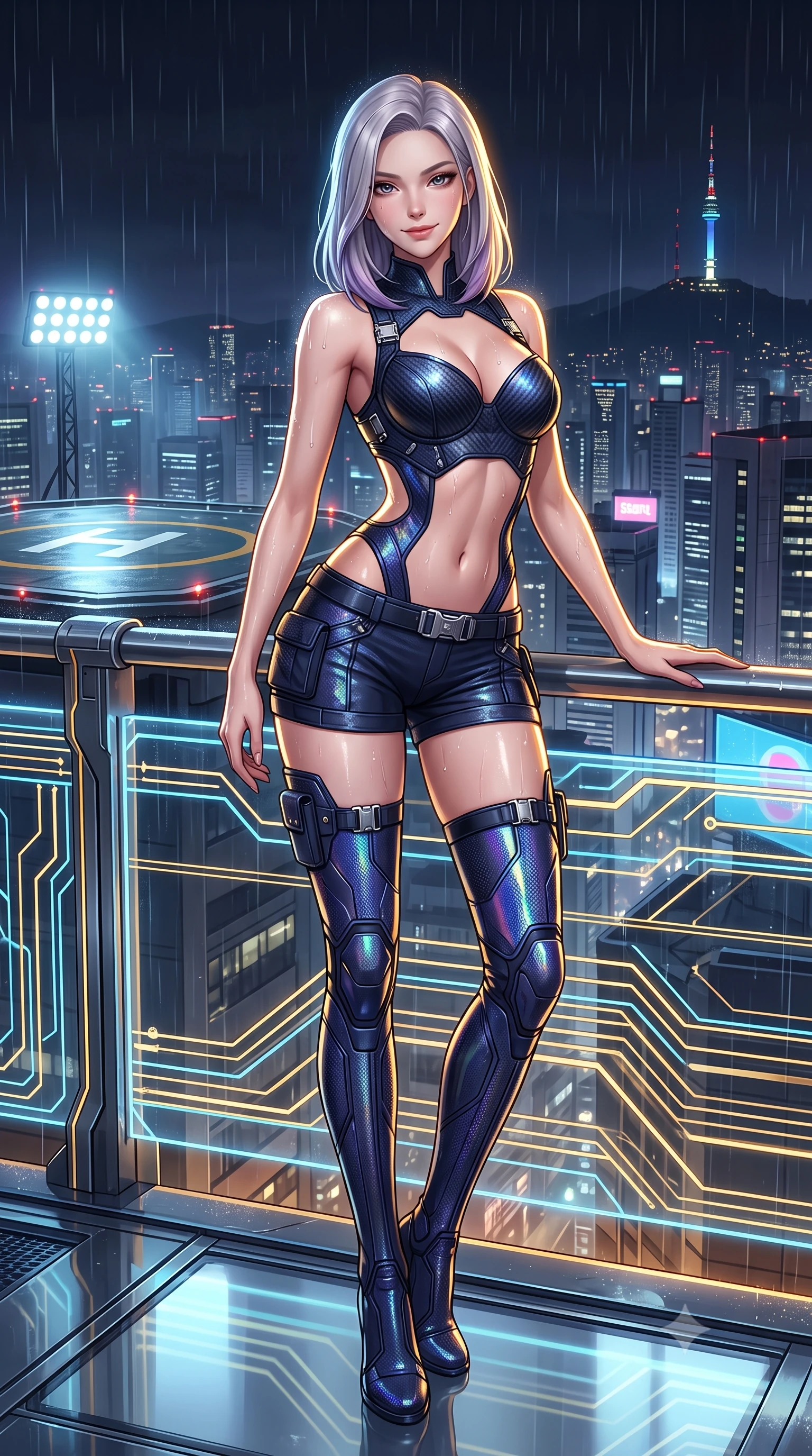 score_9, masterpiece, best quality, ultra-detailed, high-budget anime keyframe, semi-realistic 3D game render, editorial fashion photography, tasteful artistic composition, Caucasian woman. low angle full-body shot from head to toe showing her feet, filling the entire 9:16 vertical frame with her statuesque presence, stretching her vertical silhouette. standing in a tall, confident posture with one hand on a glowing metal railing, stretching her statuesque body as she arches her lower back to emphasize her sculpted feminine hips and slender waist while twisting her slender torso in an alluring S-curve as warm cyber-city rain glistens on her tight suit, highlighting her curvy hips and waist. The surrounding environment is rendered in vivid detail and crisp panoramic clarity: detailed wet-look suit texture, water droplet beads on skin, and futuristic Seoul skyline architecture in high resolution. She has an absolutely perfect, statuesque 8.5-heads proportion, an exceptionally tall and slender model-like female figure with impossibly long slender legs, an ultra-slim waist, a flat toned midriff, narrow delicate ribcage, and beautifully sculpted feminine hips creating a graceful, slim hourglass silhouette without any bulky heaviness. sharp v-shaped jawline, high-bridge nose, intricate jewel-like sparkling eyes with depth, thick eyelashes, glossy parted lips with a natural sheen, bright confident smile with an enchanting and coquettish sensual glint, exuding both youthful magnetic charm and sovereign high-tech allure, flawlessly proportioned anatomical accuracy, strict slender model proportions, natural body alignment, perfectly sculpted long slender limbs, ultra-slim waistline, clean dynamic posture without body distortion. wearing a sculpted carbon-fiber bustier armor top paired with ultra-tight tactical cargo shorts and thigh-high armored boots in midnight navy blue and holographic iridescent shimmer, formed from supple thermal silicone composite adhering seamlessly like a second skin, finished with polished chrome buckle hardware and modular magnetic holster clasps, the precision-cut side openings and low-back scoop framing her graceful spine and the sensual sweep of her slim, toned hips. illuminated by helipad floodlights and sharp golden rim lights defining her sculpted collarbones, ultra-slim waist, and curvy hips. highly saturated vibrant anime colors, detailed shading with soft gradients, rich glossy textures, high-contrast stereoscopic depth, volumetric dynamic lighting, master piece, 9:16 ratio