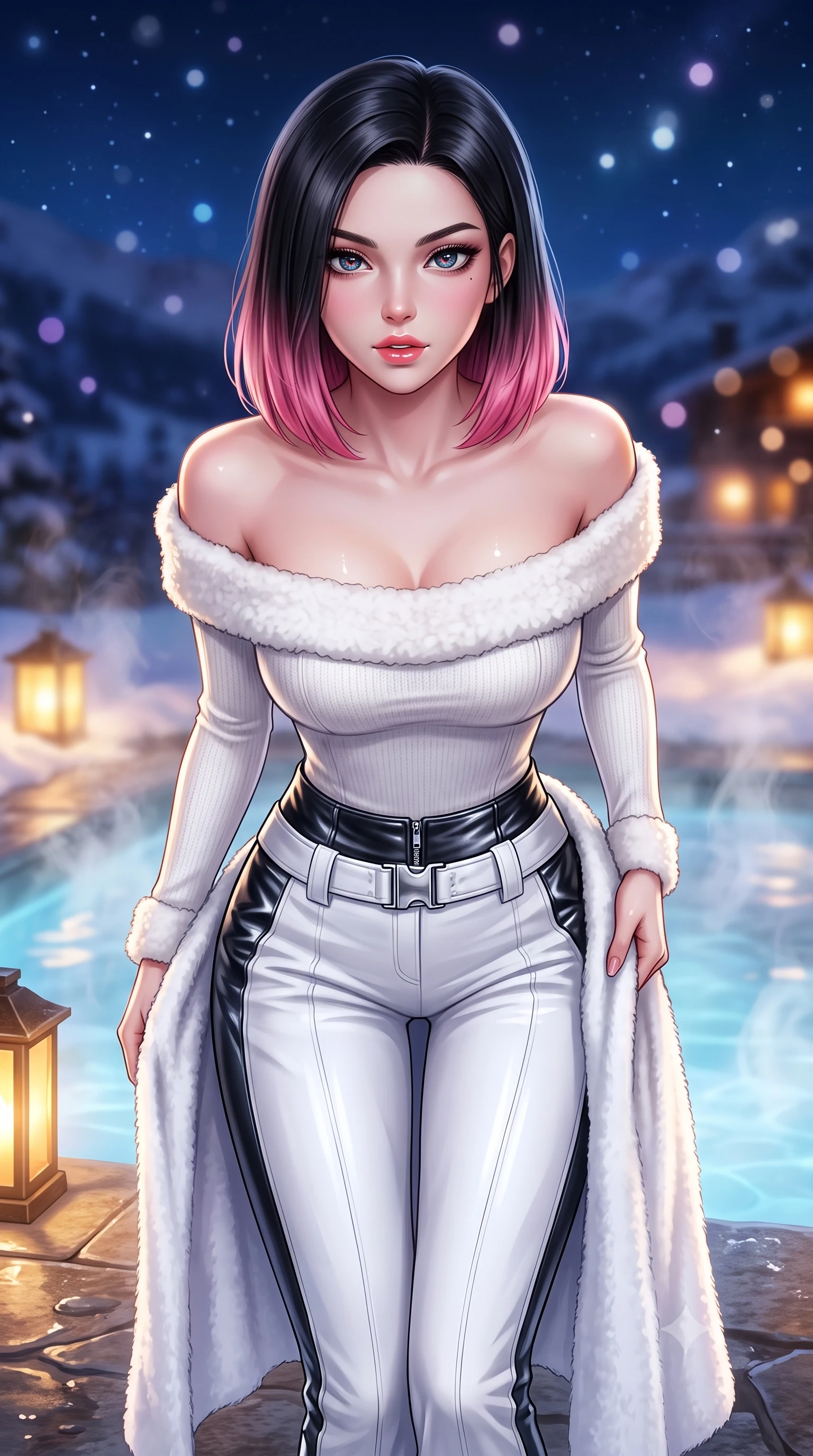 score_9, masterpiece, best quality, ultra-detailed, high-budget anime keyframe, semi-realistic 3D game render, editorial fashion photography, tasteful artistic composition, Korean woman. close-up cowboy shot from the waist and thighs up, the character dominates the composition, filling the frame with her large presence. leaning forward toward the camera with playful, breathtaking intimacy, eyes locked onto the viewer with irresistible charisma while stepping out onto the heated stone pool deck, wrapping a plush towel around her waist with effortless supermodel poise. The composition keeps background elements in soft focus with creamy bokeh. rising thermal steam swirls and starry alpine night skies blurred into deep sapphire, amethyst, and pearl-white bokeh. She has an exceptionally elegant, slender, and willowy female figure with an ultra-slim waist, a gracefully sculpted slender torso, toned flat midriff, and a refined slim silhouette. sharp v-shaped jawline, high-bridge nose, intricate jewel-like eyes with depth, thick eyelashes, glossy parted lips with a natural sheen, intensely captivating and seductive expression, flawlessly proportioned anatomical accuracy, strict slender model proportions, natural body alignment, perfectly sculpted long slender limbs, ultra-slim waistline, clean dynamic posture without body distortion. wearing an off-shoulder white shearling-trimmed knit bodysuit paired with high-waisted metallic snow trousers in high-contrast black ski leather and arctic white, tailored from water-resistant ski-tech stretch gabardine with fleece lining, finished with polished chrome buckle closures and snow-gaiter zippers, the snug thermal second-skin fit accentuating her razor-sharp statuesque lines and slim hourglass silhouette amidst the cold snow. bathed in soft underwater pool illumination and warm golden stone lantern downlights. highly saturated vibrant anime colors, detailed shading with soft gradients, rich glossy textures, high-contrast stereoscopic depth, volumetric dynamic lighting, master piece, 9:16 ratio