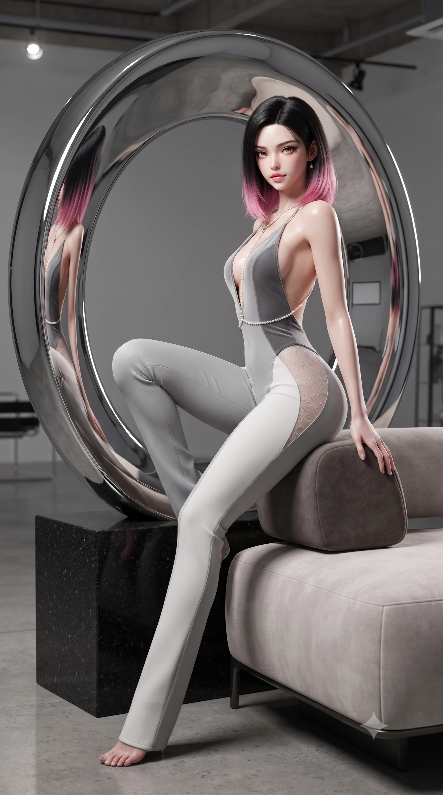 score_9, masterpiece, best quality, ultra-detailed, high-budget anime keyframe, editorial fashion photography, tasteful artistic composition, Korean woman. close-up cowboy shot from the waist and thighs up, the character dominates the composition, filling the frame with her large presence. perched sideways on the lounge seat, one knee drawn up to showcase her slender leg line while her arched back accentuates her feminine hip curve while twisting her slender torso in an alluring S-curve beside the giant chrome ring, the curved mirror surface distorting her hourglass curves playfully. The surrounding environment is rendered in vivid detail and crisp panoramic clarity: sharp mirror-polished chrome curvature reflections, black granite pedestal chamfered edges, and concrete floor expansion joints in deep focus. She has an exceptionally elegant, slender, and willowy female figure with an ultra-slim waist, flat toned midriff, narrow ribcage, and sculpted feminine hips creating an alluring, slim hourglass silhouette without bulk. sharp v-shaped jawline, high-bridge nose, sparkling eyes with hypnotic seductive depth, thick curled eyelashes, glossy parted lips with a natural dewy peach sheen, alluring bedroom-eyes with an enchanting coquettish smile, exuding magnetic siren charisma and sophisticated glamour, flawlessly proportioned anatomical accuracy, strict slender model proportions, natural body alignment, perfectly sculpted long slender limbs, ultra-slim waistline, clean dynamic posture without body distortion. wearing a backless plunge-front second-skin velvet jumpsuit with fluid tapered legs and sheer lace hip inserts in architectural titanium grey and pure milk white, tailored from fine structural neoprene with crisp architectural edges and smooth contouring, accented with a pearl-drop body harness subtly framing her dewy collarbones and spine, the form-contouring silhouette accentuating her sculpted flat midriff, narrow delicate ribcage, and gracefully curvy hips with intoxicating allure. bathed in high-CRI 4000K museum track spotlights focused precisely on the chrome sculpture and model. ultra-reflective glossy finish, specular highlights, rich textural contrasts, high-contrast stereoscopic depth, volumetric dynamic lighting, 2k, ultra detail, master piece, 9:16 ratio