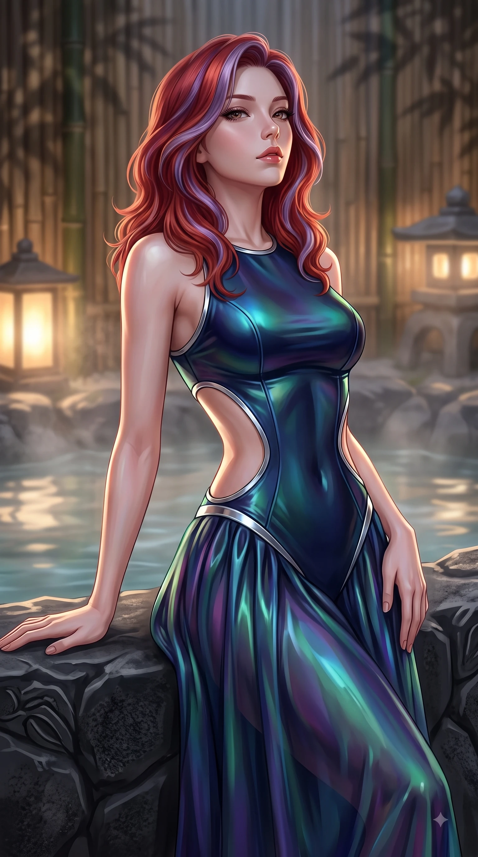 score_9, masterpiece, best quality, ultra-detailed, high-budget anime keyframe, editorial fashion photography, tasteful artistic composition, Caucasian woman. close-up cowboy shot from the waist and thighs up, the character dominates the composition, filling the frame with her large presence, background elements kept in soft focus. Tilting her chin up with composed magnetism as dramatic side lighting traces her sculpted waist and hip contour while resting gracefully against a carved obsidian basalt rock edge in a private thermal hot spring, bamboo partitions and stone lanterns casting peaceful organic stencil shadows. She has an exceptionally elegant, slender, and willowy female figure with an ultra-slim waist, a gracefully sculpted slender torso, and a refined silhouette. sharp v-shaped jawline, high-bridge nose, intricate jewel-like eyes with depth, thick eyelashes, glossy lips with a natural sheen, flawlessly proportioned anatomical accuracy, natural body alignment, perfectly sculpted elegant limbs, clean dynamic posture without body distortion. wearing a modern fusion silk hanbok dress with a structured bodice and flowing skirt in midnight navy blue and chrome trim, crafted from iridescent chiffon that shifts colors in the light, featuring clean architectural cutouts along her slender torso, the sleek second-skin texture accentuating her magnetic presence. bathed in soft warm lantern light filtered through gentle thermal steam. ultra-reflective glossy finish, specular highlights, metallic sheen, high-contrast stereoscopic depth, volumetric dynamic lighting, 2k, ultra detail, master piece, 9:16 ratio