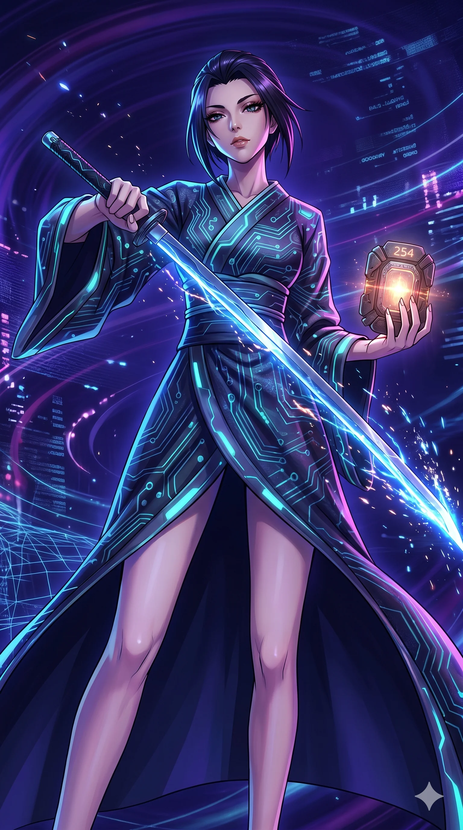 score_9, masterpiece, best quality, ultra-detailed, Set A: High-budget Anime Keyframe, Japanese woman. Low angle cowboy shot filling the entire 9:16 frame with her statuesque presence. Drawing a blade through a virtual reality void, holding a relic that pulses with the frequency 254 and surrounded by glowing energy sparks. She has an absolutely perfect 8-heads proportion, an exceptionally tall and slender female figure with impossibly long slender legs and an ultra-slim waist. Sharp v-shaped jawline, high-bridge nose, intricate jewel-like eyes with depth, thick eyelashes, glossy lips with a natural sheen. Wearing Traditional silk robe with a modern tech-twist, featuring glowing circuit patterns. Cinematic lighting, vibrant colors, dramatic shadows, 2k, ultra detail, master piece, 9:16 ratio