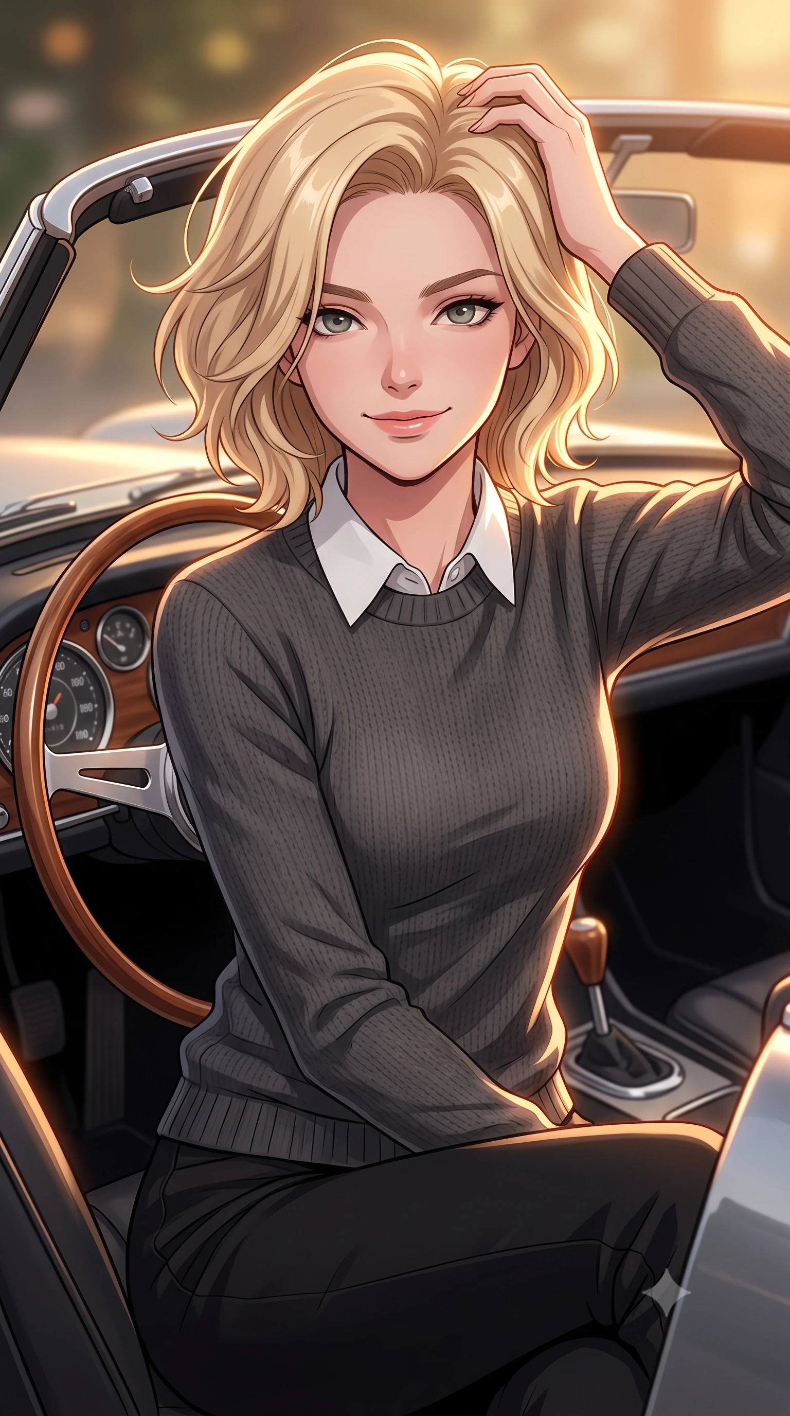 score_9, masterpiece, best quality, ultra-detailed, high-budget anime keyframe, tasteful artistic composition, Caucasian woman. close-up cowboy shot from the waist and thighs up, the character dominates the composition, filling the frame with her large presence, background elements kept in soft focus. smiling with quiet, magnetic self-assurance directly into the camera, running a hand through her hair the background shows a soft-focus the driver seat of a classic roadster with wooden steering wheel and chrome dials. She has an exceptionally elegant, slender, and willowy female figure with an ultra-slim waist, a gracefully sculpted slender torso, and a refined silhouette. sharp v-shaped jawline, high-bridge nose, intricate jewel-like eyes with depth, thick eyelashes, glossy lips with a natural sheen. wearing a slim-fit cozy charcoal grey knit sweater over a white collared shirt and black slacks. warm golden hour light tracing her silhouette with a soft glowing rim light. highly saturated vibrant anime colors, cel-shading, 2d style, master piece, 9:16 ratio