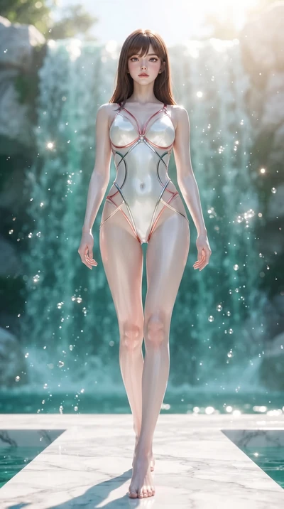 score_9, masterpiece, best quality, ultra-detailed, high-budget anime keyframe, editorial fashion photography, tasteful artistic composition, Korean woman. low angle full-body shot from head to toe showing her feet, filling the entire 9:16 vertical f