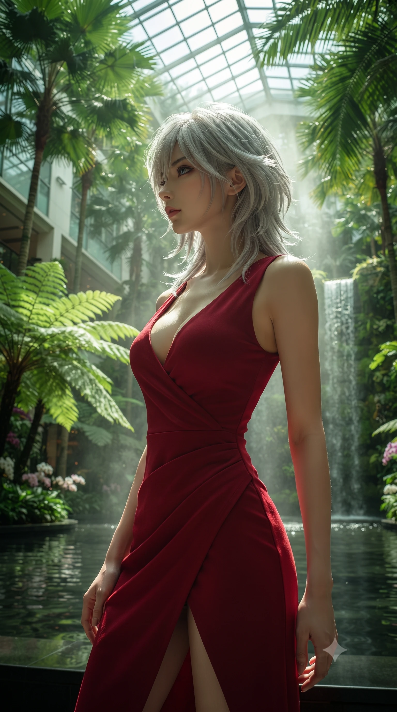 score_9, masterpiece, best quality, ultra-detailed, high-budget anime keyframe, editorial fashion photography, tasteful artistic composition, Japanese woman. close-up cowboy shot from the waist and thighs up, the character dominates the composition, filling the frame with her large presence, background elements kept in soft focus. Turning her face in sharp dramatic profile against the light. set against a soft-focus background of a luxury hotel's soaring six-story glass atrium filled with towering tropical palms massive ferns rare orchid collections and a grand waterfall cascading down a living moss wall into a reflection pool. She has an exceptionally elegant and slender, willowy female figure with an ultra-slim waist, a gracefully sculpted slender torso, and a refined slim physique. sharp v-shaped jawline, high-bridge nose, intricate jewel-like eyes with depth, thick eyelashes, glossy lips with a natural sheen. wearing a crimson red jersey dress featuring a deep plunging neckline and an asymmetric wrap skirt with a high slit. abundant natural light flooding through the glass atrium roof filtered through tropical canopy creating green-tinted dappled illumination with mist from the waterfall softening everything. 2k, ultra detail, master piece, 9:16 ratio