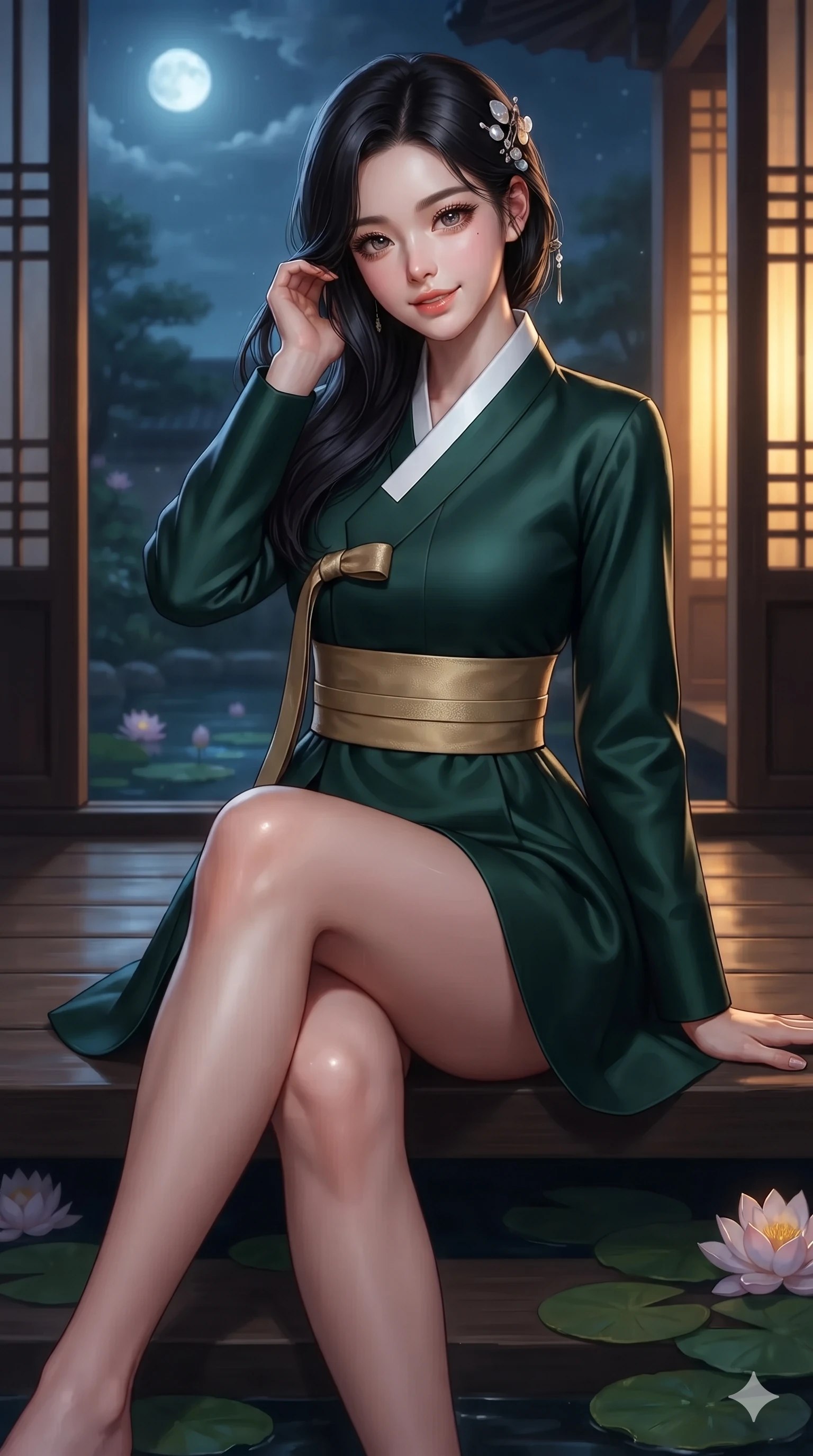 score_9, masterpiece, best quality, ultra-detailed, high-budget anime keyframe, editorial fashion photography, tasteful artistic composition, Korean woman. close-up cowboy shot from the waist and thighs up, the character dominates the composition, filling the frame with her large presence. gently brushing a lock of silk hair behind her ear while casting a playful, flirtatious side-gaze with long eyelashes while sitting perched on the lacquered veranda steps with legs crossed, arching her lower back with breathtaking siren grace as lotus blossoms drift below. The background shows a soft-focus tranquil royal water garden softened in atmospheric nocturnal shallow focus. She has an exceptionally elegant, slender, and willowy female figure with an ultra-slim waist, flat toned midriff, narrow ribcage, and sculpted feminine hips creating an alluring, slim hourglass silhouette without bulk. sharp v-shaped jawline, high-bridge nose, sparkling eyes with hypnotic seductive depth, thick curled eyelashes, glossy parted lips with a natural dewy peach sheen, alluring bedroom-eyes with an enchanting coquettish smile, exuding magnetic siren charisma and sophisticated glamour, flawlessly proportioned anatomical accuracy, strict slender model proportions, natural body alignment, perfectly sculpted long slender limbs, ultra-slim waistline, clean dynamic posture without body distortion. wearing a structured minimalist hanbok wrap coat dress with clean geometric lines and a wide formal sash in dark emerald forest and brushed antique gold, tailored from smooth liquid silk satin with a natural dewy moonlight sheen, finished with delicate mother-of-pearl hairpin ornaments glinting in her dark glossy hair, the bespoke structured tailoring following the natural line of her 8.5-heads silhouette with refined elegance. bathed in soft celestial moonlight combined with warm golden light spilling through open veranda doors. ultra-reflective glossy finish, specular highlights, rich textural contrasts, high-contrast stereoscopic depth, volumetric dynamic lighting, 2k, ultra detail, master piece, 9:16 ratio
