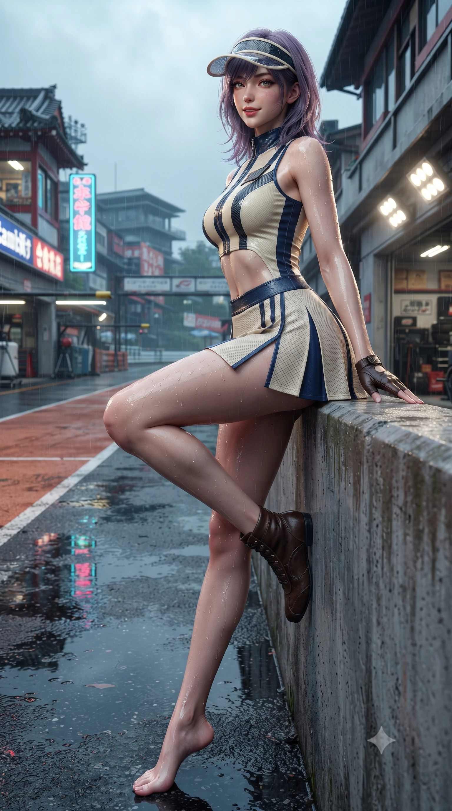 score_9, masterpiece, best quality, ultra-detailed, high-budget anime keyframe, editorial fashion photography, tasteful artistic composition, Japanese woman. low angle full-body shot from head to toe showing her feet, filling the entire 9:16 vertical frame with her statuesque presence, stretching her vertical silhouette. walking slowly along the clay court baseline, looking back over her shoulder with an air of effortless grace and an alluring, smoldering smile while sitting perched on the pit wall barrier with legs crossed, her long slender limbs and tight leather suit commanding the rain-soaked Japanese circuit. The surrounding environment is rendered in vivid detail and crisp panoramic clarity: detailed leather racing catsuit texture, wet reflections on skin, and Japanese motorsport architecture in razor-sharp precision. She has an absolutely perfect, statuesque 8.5-heads proportion, an exceptionally tall and slender model-like female figure with impossibly long slender legs, an ultra-slim waist, a flat toned midriff, narrow delicate ribcage, and beautifully sculpted feminine hips creating a graceful, slim hourglass silhouette without any bulky heaviness. sharp v-shaped jawline, high-bridge nose, sparkling eyes with athletic focus and depth, thick curled eyelashes, glossy parted lips with a natural coral-peach sheen, bright confident and coquettish smile with alluring bedroom-eyes, exuding both youthful sporty vigor and sovereign high-society glamour, flawlessly proportioned anatomical accuracy, strict slender model proportions, natural body alignment, perfectly sculpted long slender limbs, ultra-slim waistline, clean dynamic posture without body distortion. wearing a sleeveless high-collar racing bodysuit with carbon-fiber chestplate accents and a pleated wrap tennis skirt with side hip slit in retro tennis cream and navy blue stripes, woven from semi-opaque performance athletic mesh with hexagonal micro-perforations, accented with a sporty retro tennis visor and fingerless leather driving gloves, the form-contouring athletic cut accentuating her sculpted flat midriff, narrow delicate ribcage, and gracefully curvy hips with supermodel precision. bathed in moody wet-race daylight contrasting with bright pit garage halogen floodlights. ultra-reflective glossy finish, specular highlights, rich textural contrasts, high-contrast stereoscopic depth, volumetric dynamic lighting, 2k, ultra detail, master piece, 9:16 ratio