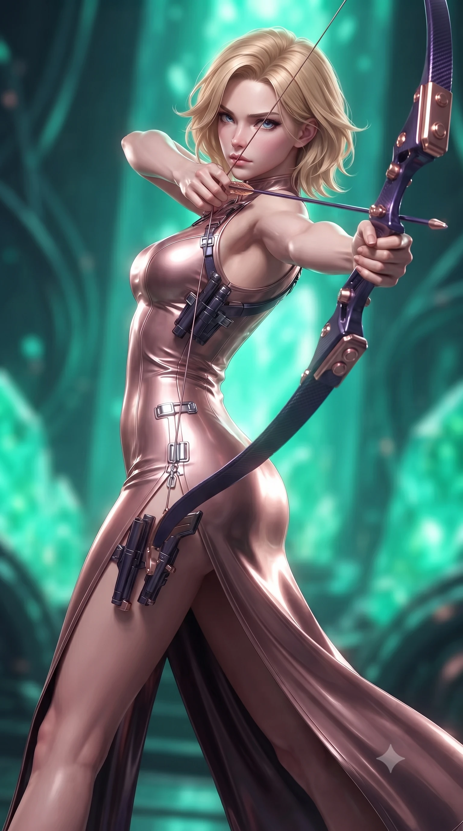 score_9, masterpiece, best quality, ultra-detailed, high-budget anime keyframe, editorial fashion photography, tasteful artistic composition, Caucasian woman. close-up cowboy shot from the waist and thighs up, the character dominates the composition, filling the frame with her large presence. stretching forward with an alluring arch of her spine, glancing over her shoulder with divine self-assurance and magnetic intensity while arching her back gracefully with full draw-string tension, her long slender legs and torso creating a sweeping line of power. The composition keeps background elements in soft focus with creamy bokeh. massive glowing emerald reactor crystals and pulsing coolant tubes blurred into rich green and turquoise bokeh. She has an exceptionally elegant, slender, and willowy female figure with an ultra-slim waist, a gracefully sculpted slender torso, toned flat midriff, and a refined slim silhouette. sharp v-shaped jawline, high-bridge nose, intricate jewel-like eyes with depth, thick eyelashes, glossy lips with a natural sheen, flawlessly proportioned anatomical accuracy, strict slender model proportions, natural body alignment, perfectly sculpted long slender limbs, ultra-slim waistline, clean dynamic posture without body distortion. wearing a form-fitting luminous rose-gold carbon combat gown with tactical side slits, wielding a floating magnetic energy bow with celestial poise in royal purple carbon fiber with rose-gold hardware and clasps, formed from high-gloss patent carbon-plating with specular chiaroscuro reflections, detailed with magnetic weapon holsters and polished chrome connection clasps, the liquid-tight tailored fabric emphasizing every curve of her tall, slender model proportions and sculptured silhouette during dynamic movement. bathed in intense radiant emerald crystal core backlighting and glowing photon bow illumination. ultra-reflective glossy finish, specular highlights, dark metallic sheen, high-contrast stereoscopic depth, volumetric dynamic lighting, 2k, ultra detail, master piece, 9:16 ratio