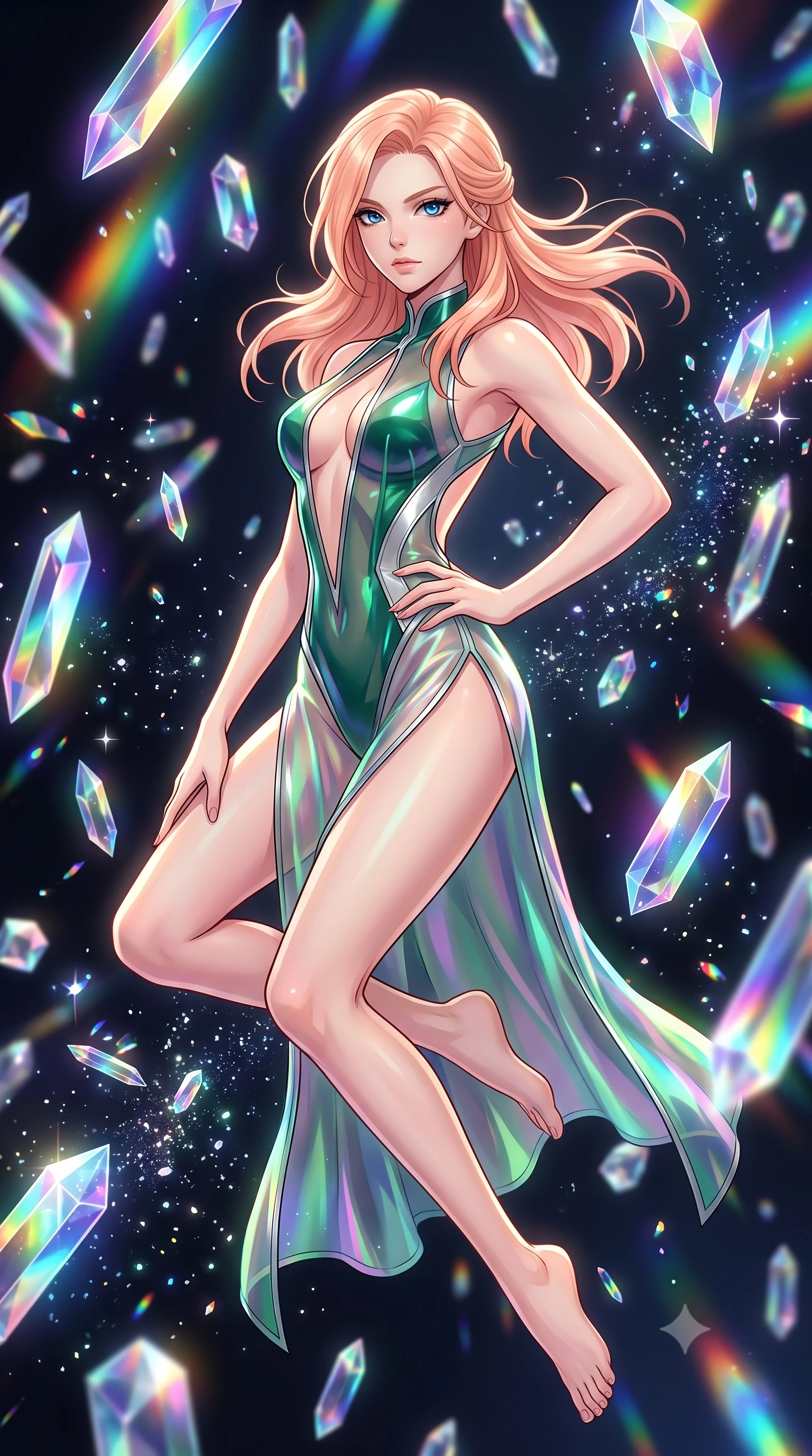 score_9, masterpiece, best quality, ultra-detailed, high-budget anime keyframe, editorial fashion photography, tasteful artistic composition, Japanese woman. close-up cowboy shot from the waist and thighs up, the character dominates the composition, filling the frame with her large presence, background elements kept in soft focus. Holding a powerful dynamic pose with one hand on her hip and body angled dramatically toward the key light while leaping gracefully through mid-air inside a zero-gravity void filled with floating crystal prisms, glowing crystalline dust motes sparkling dynamically in the surrounding dark space. She has an exceptionally elegant, slender, and willowy female figure with an ultra-slim waist, a gracefully sculpted slender torso, and a refined silhouette. sharp v-shaped jawline, high-bridge nose, intricate jewel-like eyes with depth, thick eyelashes, glossy lips with a natural sheen, flawlessly proportioned anatomical accuracy, natural body alignment, perfectly sculpted elegant limbs, clean dynamic posture without body distortion. wearing a high-cut translucent vinyl leotard with front paneling and open back in deep emerald green and silver accent, crafted from iridescent chiffon that shifts colors in the light, finished with a sleek side slit ascending to mid-thigh, the form-contouring material highlighting her ultra-slim waist and long lines. bathed in brilliant multi-color rainbow light refracting through floating glass prisms. highly saturated vibrant anime colors, detailed shading with soft gradients, rich glossy textures, high-contrast stereoscopic depth, volumetric dynamic lighting, master piece, 9:16 ratio