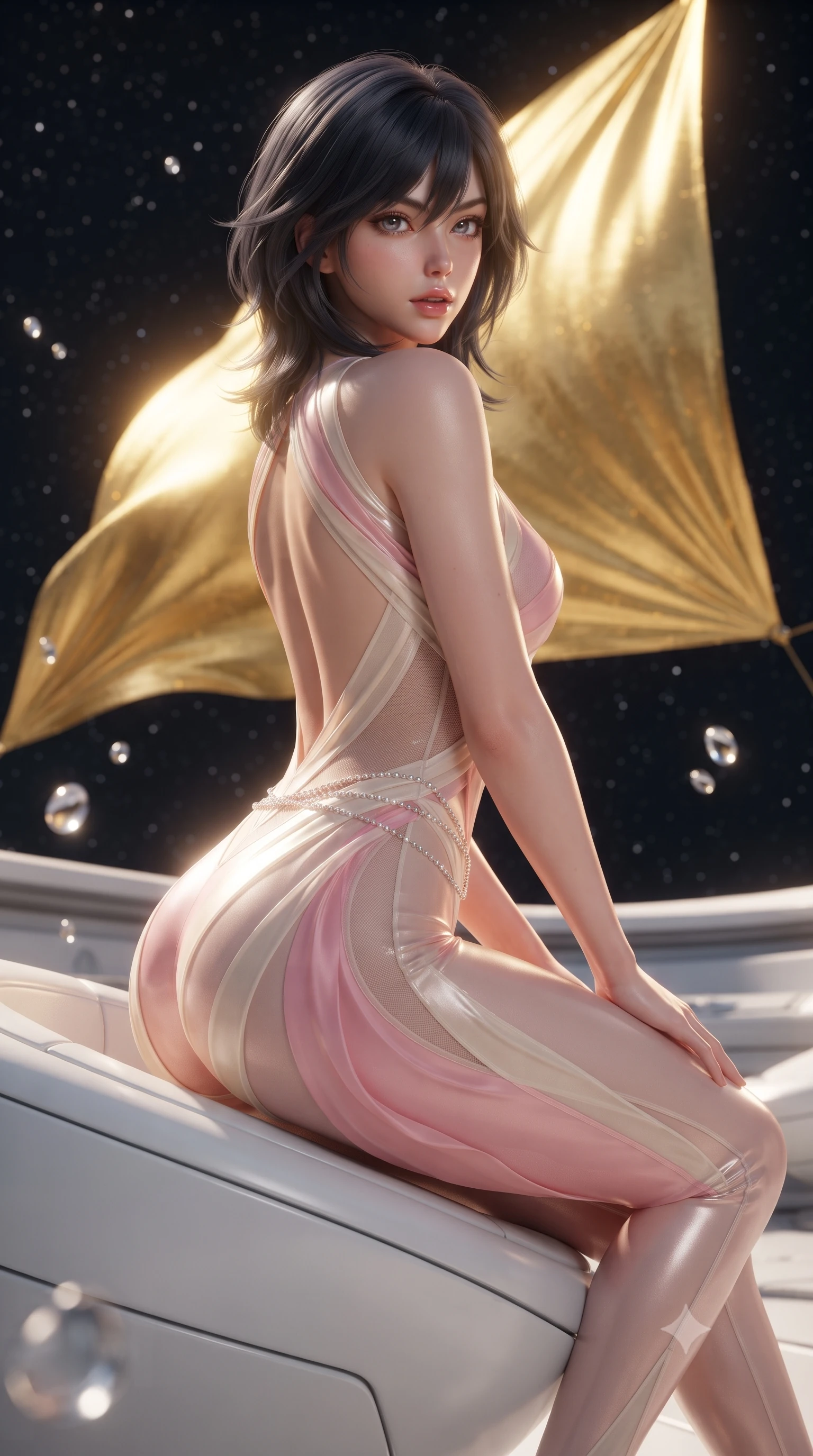 score_9, masterpiece, best quality, ultra-detailed, high-budget anime keyframe, editorial fashion photography, tasteful artistic composition, Caucasian woman. close-up cowboy shot from the waist and thighs up, the character dominates the composition, filling the frame with her large presence. turning over a bare shoulder with an intoxicating, teasing smile, her soft hair framing her sharp jawline as her hips angle gracefully while perching on the rim of a white composite observation lounger, arching her lower back as a colossal golden solar sail billows majestically against the starlit void. The composition keeps background elements in soft focus with creamy bokeh. floating zero-gravity droplets and sleek yacht bulkhead ribs softened in glamorous sci-fi shallow focus. She has an exceptionally elegant, slender, and willowy female figure with an ultra-slim waist, flat toned midriff, narrow ribcage, and sculpted feminine hips creating an alluring, slim hourglass silhouette without bulk. sharp v-shaped jawline, high-bridge nose, intricate jewel-like eyes with depth, thick eyelashes, glossy parted lips with a natural sheen, intensely captivating and seductive bedroom-eyes expression, flawlessly proportioned anatomical accuracy, strict slender model proportions, natural body alignment, perfectly sculpted long slender limbs, ultra-slim waistline, clean dynamic posture without body distortion. wearing a second-skin compression catsuit with an open back and sheer mesh side waist contouring in sakura blossom pink and warm ivory, woven from layered gossamer chiffon with a weightless sweeping drape, accented with a dainty diamond waist chain catching the ambient light reflections, the form-contouring material adhering flawlessly to her sculpted flat midriff and slender torso, emphasizing her long leg lines and perfectly proportioned willowy build. bathed in glorious molten golden solar radiation backlighting filtered through high-tech polarized glass. ultra-reflective glossy finish, specular highlights, rich textural contrasts, high-contrast stereoscopic depth, volumetric dynamic lighting, 2k, ultra detail, master piece, 9:16 ratio