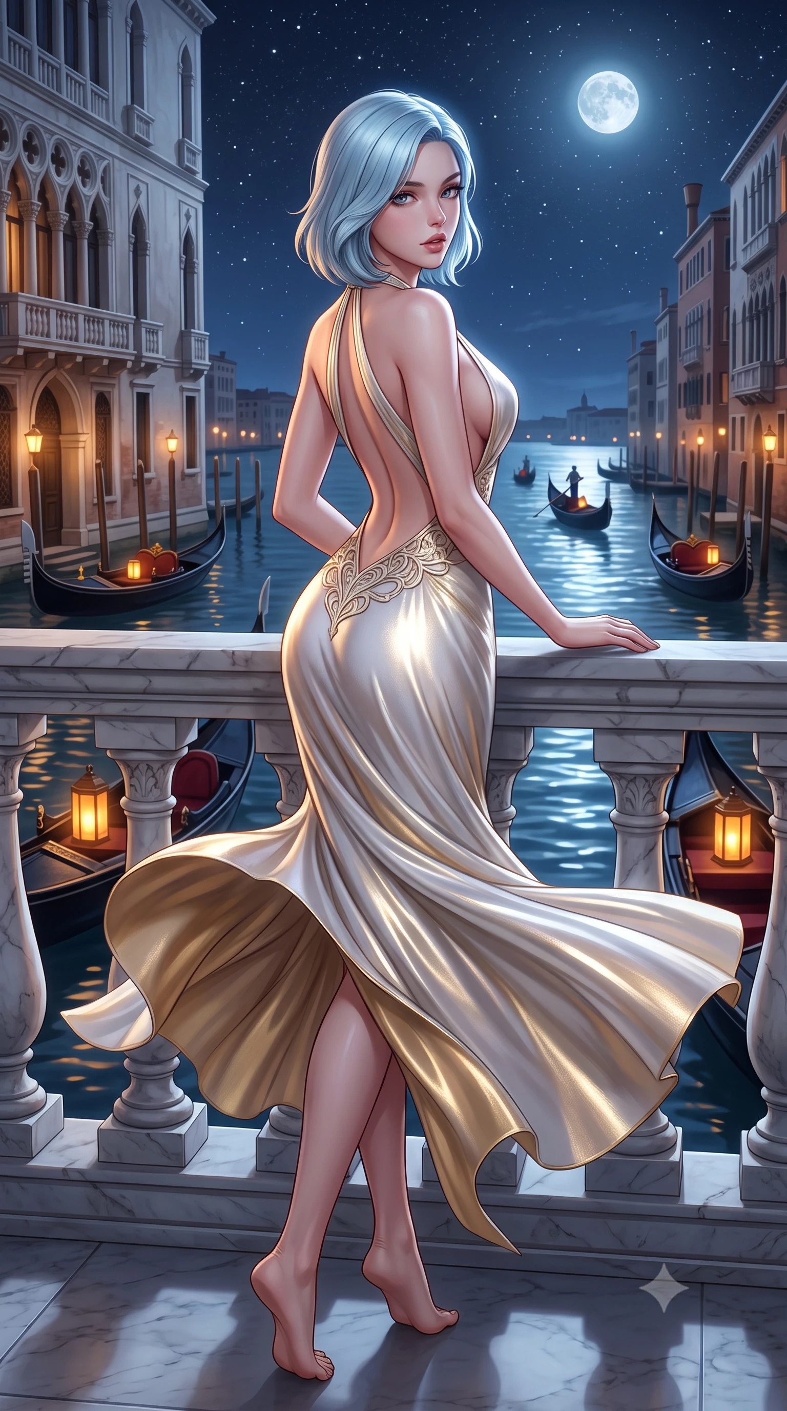 score_9, masterpiece, best quality, ultra-detailed, high-budget anime keyframe, semi-realistic 3D game render, editorial fashion photography, tasteful artistic composition, Korean woman. low angle full-body shot from head to toe showing her feet, filling the entire 9:16 vertical frame with her statuesque presence, stretching her vertical silhouette. executing an elegant mid-motion pivot turn as garments swirl around her slender limbs, glancing over her shoulder with an intoxicating bedroom-gaze while leaning against the marble balustrade of a Grand Canal palazzo with hips cocked back, gazing down at the passing gondolas with seductive bedroom-eyes. The surrounding environment is rendered in vivid detail and crisp panoramic clarity. detailed mask filigree, silk dress drape folds, and starry night sky reflections in high resolution. She has an exceptionally tall and slender model-like 8.5-heads proportion, an ultra-slim waist, a flat toned midriff, narrow delicate ribcage, and beautifully sculpted feminine hips creating a graceful, slim hourglass silhouette without any bulky heaviness, with impossibly long slender legs. sharp v-shaped jawline, high-bridge nose, intricate jewel-like eyes with depth, thick eyelashes, glossy parted lips with a natural sheen, intensely captivating and seductive bedroom-eyes expression, flawlessly proportioned anatomical accuracy, strict slender model proportions, natural body alignment, perfectly sculpted long slender limbs, ultra-slim waistline, clean dynamic posture without body distortion. wearing a plunging halter-neck metallic lamé column dress with a dramatic bare spine and hip-defining ruching in pure alabaster white and sun-kissed gold, tailored from liquid silk jersey adhering flawlessly to her slender build, finished with criss-cross back satin straps highlighting her graceful shoulder blades, the precision-cut side openings and low-back scoop framing her graceful spine and the sensual sweep of her slim, toned hips. bathed in cool silver full-moon light streaming from above and warm amber gondola lantern uplights. highly saturated vibrant anime colors, detailed shading with soft gradients, rich glossy textures, high-contrast stereoscopic depth, volumetric dynamic lighting, master piece, 9:16 ratio