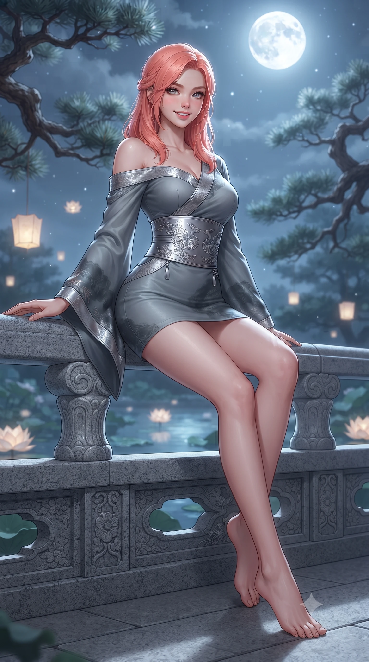 score_9, masterpiece, best quality, ultra-detailed, high-budget anime keyframe, editorial fashion photography, tasteful artistic composition, Japanese woman. low angle full-body shot from head to toe showing her feet, filling the entire 9:16 vertical frame with her statuesque presence, stretching her vertical silhouette. standing in a tall, confident posture with one hand on the carved palace railing, stretching her statuesque body as she arches her lower back to emphasize her sculpted feminine hips and slender waist while sitting gracefully on the carved granite terrace of Buyongjeong pavilion above the tranquil lotus pond, arching her back with timeless regal grace under cold moonlight. The background shows a soft-focus ancient gnarled pine branches and floating paper lotus lanterns softened in royal Joseon shallow focus. She has an absolutely perfect, statuesque 8.5-heads proportion, an exceptionally tall and slender model-like female figure with impossibly long slender legs, an ultra-slim waist, a flat toned midriff, narrow delicate ribcage, and beautifully sculpted feminine hips creating a graceful, slim hourglass silhouette without any bulky heaviness. sharp v-shaped jawline, high-bridge nose, intricate jewel-like dark sparkling almond eyes with depth, thick lashes, glossy parted lips with a natural rose-plum sheen, bright alluring and coquettish smile with bedroom-eyes, exuding both timeless oriental elegance and sovereign high-fashion allure, flawlessly proportioned anatomical accuracy, strict slender model proportions, natural body alignment, perfectly sculpted long slender limbs, ultra-slim waistline, clean dynamic posture without body distortion. wearing an asymmetric off-shoulder cyber-kimono mini dress with a wide metallic obi corset belt accentuating her narrow waist in misty ink-wash slate grey and liquid silver, made of supple second-skin stretch silk jersey clinging flawlessly to her form, finished with a wide metallic obi sash with intricate embroidered phoenix motifs, the liquid-tight tailored silk fabric clinging flawlessly to her narrow waist and rounded feminine hips, emphasizing every millimeter of her sculpted slim hourglass curves without any bulky heaviness. bathed in cold silver moonlight cascading down from a brilliant full moon overhead. ultra-reflective glossy finish, specular highlights, rich textural contrasts, high-contrast stereoscopic depth, volumetric dynamic lighting, 2k, ultra detail, master piece, 9:16 ratio