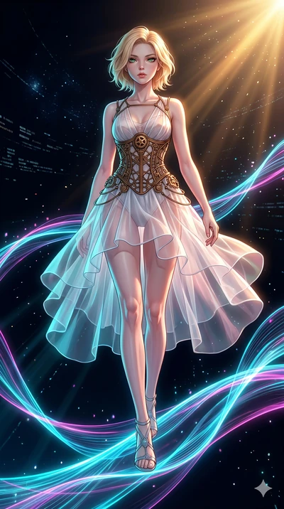 score_9, masterpiece, best quality, ultra-detailed, high-budget anime keyframe, Japanese woman. low angle full-body shot filling the entire 9:16 frame with her statuesque presence, stretching the vertical silhouette. stepping on holographic fluid rib