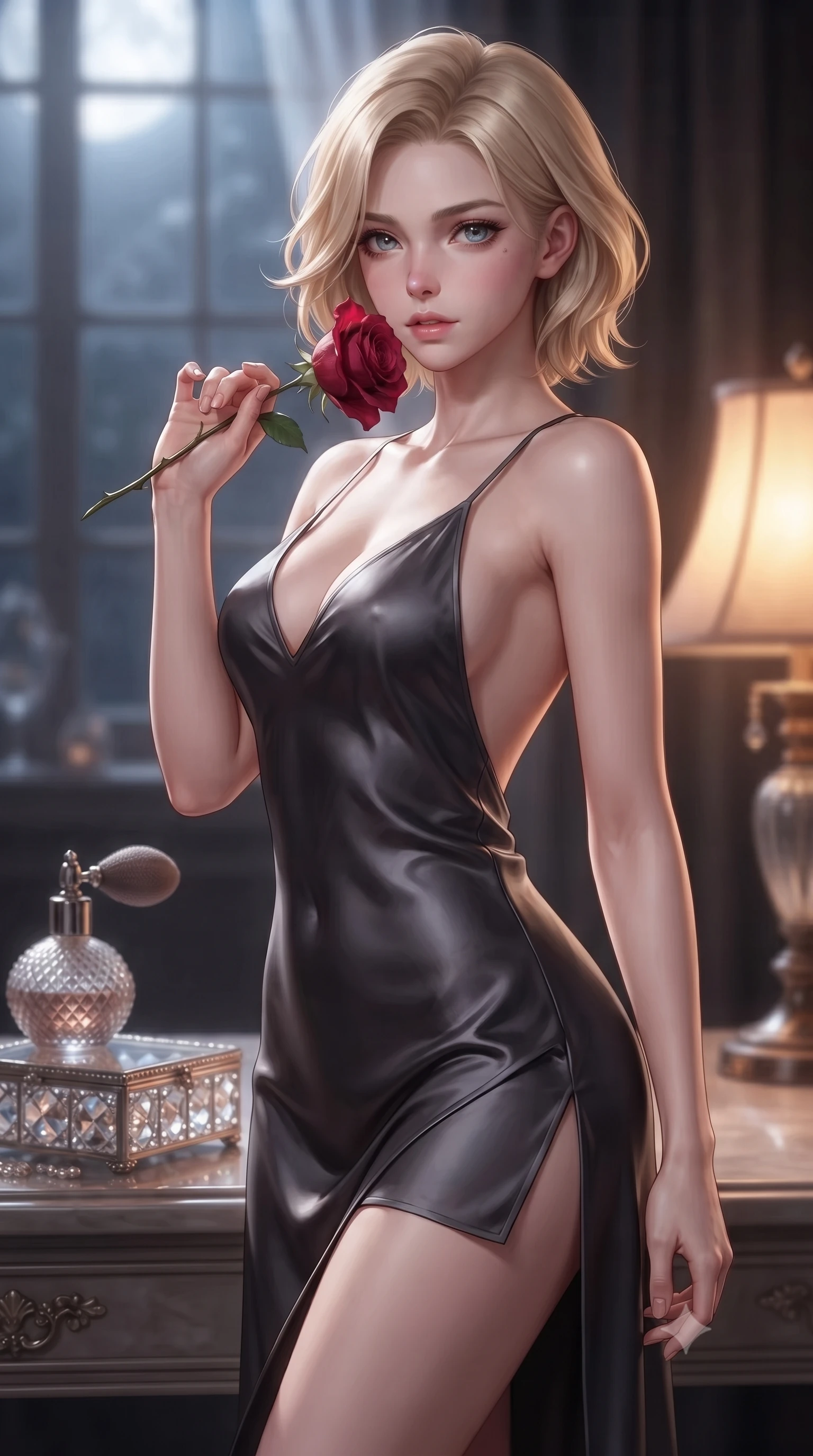 score_9, masterpiece, best quality, ultra-detailed, high-budget anime keyframe, editorial fashion photography, tasteful artistic composition, Caucasian woman. close-up cowboy shot from the waist and thighs up, the character dominates the composition, filling the frame with her large presence, background elements kept in soft focus. gasping softly with a charming expression, holding a rose stem near her cheek with a magnetic stare set against a soft-focus background of inside an exclusive private spa pavilion with a vintage perfume atomizer and crystal jewelry box reflecting soft light. She has an exceptionally elegant, slender, and willowy female figure with an ultra-slim waist, a gracefully sculpted slender torso, and a refined silhouette. sharp v-shaped jawline, high-bridge nose, intricate jewel-like eyes with depth, thick eyelashes, glossy lips with a natural sheen. wearing tailored charcoal soft linen open-back silk slip dress featuring a deep V-neckline and a leg-lengthening side slit featuring refined tailored seams. illuminated by soft silver moonlight contrasting with the warm amber glow of a nearby lamp. highly saturated vibrant anime colors, detailed shading with soft gradients, rich glossy textures, high-contrast stereoscopic depth, volumetric dynamic lighting, master piece, 9:16 ratio