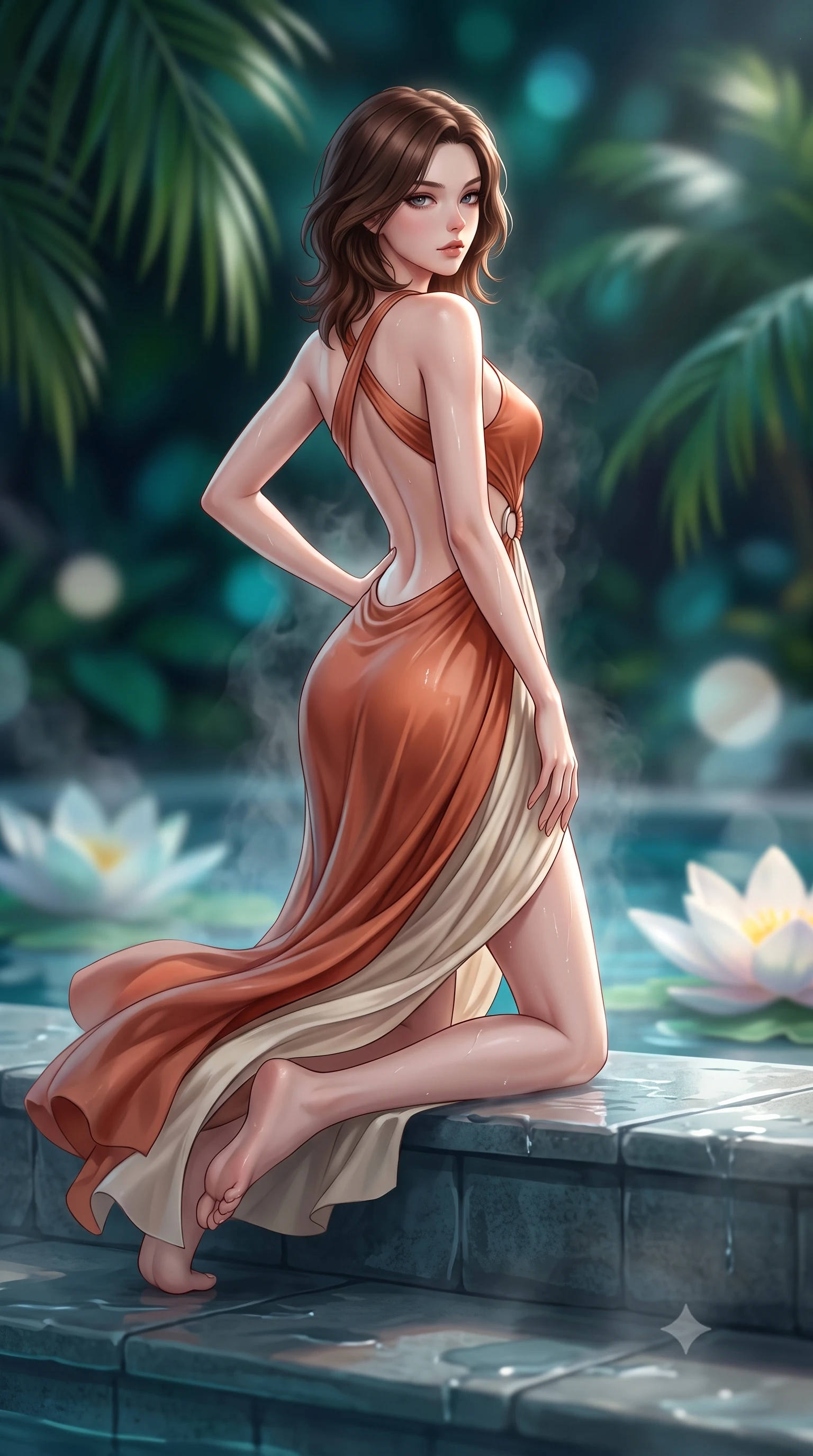 score_9, masterpiece, best quality, ultra-detailed, high-budget anime keyframe, semi-realistic 3D game render, editorial fashion photography, tasteful artistic composition, Korean woman. low angle full-body shot from head to toe showing her feet, filling the entire 9:16 vertical frame with her statuesque presence, stretching her vertical silhouette. executing an elegant mid-motion pivot turn as garments swirl around her slender limbs, glancing over her shoulder with an intoxicating bedroom-gaze while kneeling gracefully on a wet stone pool step with one hand on her hip, thermal steam rising to caress her feminine curves. The composition keeps background elements in soft focus with creamy bokeh. towering exotic palm fronds and giant floating lily blossoms blurred into deep emerald, turquoise, and soft moonlight bokeh. She has an absolutely perfect, statuesque 8.5-heads proportion, an exceptionally tall and slender model-like female figure with impossibly long slender legs, a toned flat midriff, an ultra-slim waist, and beautifully sculpted feminine hips. sharp v-shaped jawline, high-bridge nose, intricate jewel-like eyes with depth, thick eyelashes, glossy parted lips with a natural sheen, intensely captivating and seductive bedroom-eyes expression, flawlessly proportioned anatomical accuracy, strict slender model proportions, natural body alignment, perfectly sculpted long slender limbs, ultra-slim waistline, clean dynamic posture without body distortion. wearing a modern water-nymph one-shoulder gown with an exposed midriff ring cutout and floating chiffon skirt in warm terracotta and natural linen cream, tailored from smooth liquid silk satin adhering seamlessly to her wet skin, finished with criss-cross back straps highlighting her graceful bare spine, the dramatically scooped open back descending to the base of her spine, accentuating her razor-sharp statuesque lines and curvy hourglass silhouette. surrounded by an otherworldly, sensual, and exquisitely pure water-lily nymph aura. highly saturated vibrant anime colors, detailed shading with soft gradients, rich glossy textures, high-contrast stereoscopic depth, volumetric dynamic lighting, master piece, 9:16 ratio