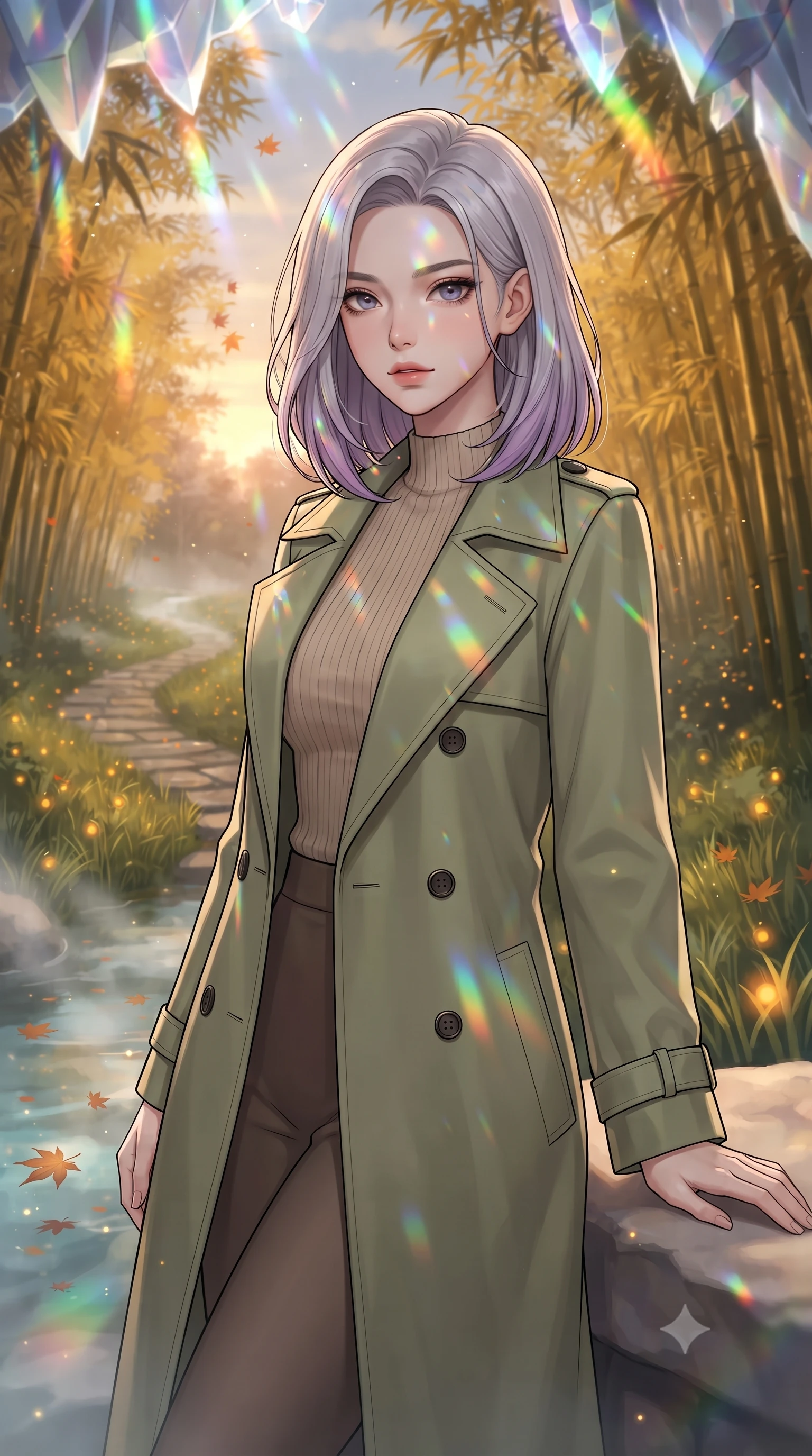 score_9, masterpiece, best quality, ultra-detailed, high-budget anime keyframe, gorgeous anime illustration, with clean line-art and distinct ink outlines, Caucasian woman, strictly human ears. close-up cowboy shot from the waist and thighs up, the character dominates the composition, filling the frame with her large presence, background elements kept in soft focus. Resting one arm elegantly against a surface with a poised relaxed stance. set against a soft-focus background of a winding stone path through a forest of golden bamboo at sunset, with thousands of orange fireflies rising from the grass and maple leaves floating on a misty stream. She has an exceptionally elegant and slender, willowy female figure with an ultra-slim waist, a gracefully sculpted slender torso, and a refined slim physique. sharp v-shaped jawline, high-bridge nose, intricate jewel-like eyes with depth, thick eyelashes, glossy lips with a natural sheen. wearing a structured double-breasted trench in soft olive green over a beige ribbed knit mock-neck top. cascading rainbow prismatic light refracting through crystal formations overhead. 2k, ultra detail, master piece, 9:16 ratio, vibrant anime color palette, detailed cel-shading with soft gradients, rich contrast, dynamic lighting, 2d animation style