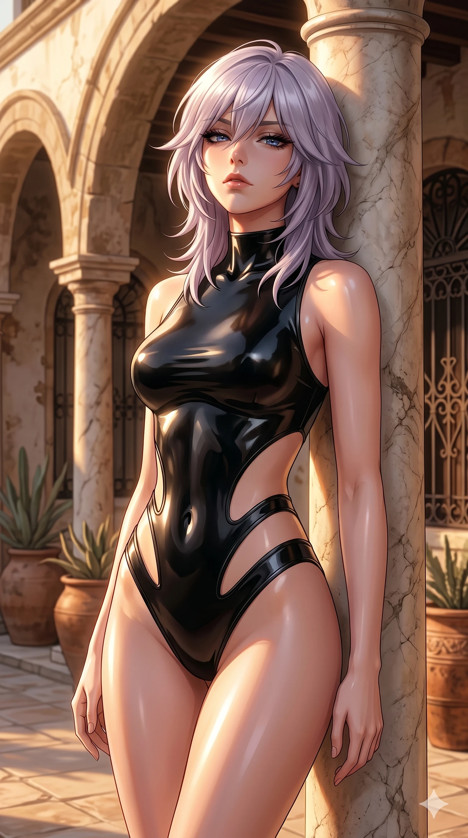score_9, masterpiece, best quality, ultra-detailed, high-budget anime keyframe, editorial fashion photography, tasteful artistic composition, Japanese woman. cowboy shot from the thighs up, character and outfit filling the frame for maximum editorial presence. casting a heavy-lidded, sultry gaze beneath thick lashes with quiet intensity, her chin tilted up leaning against a marble column in a sun-drenched private courtyard of an old Spanish hacienda (Code-P021). She has an absolutely perfect 8-heads proportion, an exceptionally tall and slender female figure with impossibly long slender legs and an ultra-slim waist. V-shaped jawline, high-bridge nose, intricate jewel-like eyes with depth, thick eyelashes, glossy lips with a natural sheen. wearing a skin-tight glove-like black latex bodysuit with dramatic curved cutouts that trace her hip and waist lines. bathed in warm, golden afternoon sunbeams creating soft specular highlights on her smooth skin. 2k, ultra detail, master piece, 9:16 ratio