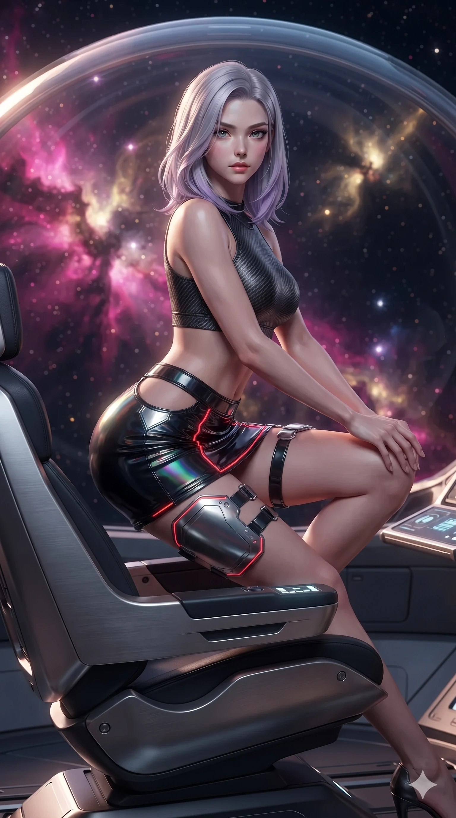 score_9, masterpiece, best quality, ultra-detailed, high-budget anime keyframe, editorial fashion photography, tasteful artistic composition, Caucasian woman. close-up cowboy shot from the waist and thighs up, the character dominates the composition, filling the frame with her large presence. perched sideways on the pilot seat, one knee drawn up to showcase her slender leg line while her arched back accentuates her feminine hip curve while standing poised in the center of the transparent hemispherical observation dome, arching her spine with ethereal siren poise as vibrant magenta and gold emission nebulae surround her. The background shows a soft-focus faint nebular gas haze softened in deep void observation dome shallow focus. She has an exceptionally elegant, slender, and willowy female figure with an ultra-slim waist, flat toned midriff, narrow ribcage, and sculpted feminine hips creating an alluring, slim hourglass silhouette without bulk. sharp v-shaped jawline, high-bridge nose, intricate jewel-like sparkling eyes with depth, thick eyelashes, glossy parted lips with a natural sheen, bright confident smile with an enchanting and coquettish sensual glint, exuding both youthful magnetic charm and sovereign high-tech allure, flawlessly proportioned anatomical accuracy, strict slender model proportions, natural body alignment, perfectly sculpted long slender limbs, ultra-slim waistline, clean dynamic posture without body distortion. wearing a body-hugging modern carbon-alloy crop top paired with a low-rise tactical skirt and a subtle waist cut-out in midnight black lacquer and vibrant scarlet neon, crafted from stretch micro-mesh with liquid foil coating that shimmers with every movement, accented with strategically placed chrome armor plate guards covering key curves, the liquid-tight tailored fabric clinging flawlessly to her narrow waist and rounded feminine hips, emphasizing every millimeter of her sculpted slim hourglass curves without any bulky heaviness. bathed in the soft, multi-colored omnidirectional glow of glowing stellar nebulae combined with crisp under-floor floor uplights. ultra-reflective glossy finish, specular highlights, rich textural contrasts, high-contrast stereoscopic depth, volumetric dynamic lighting, 2k, ultra detail, master piece, 9:16 ratio