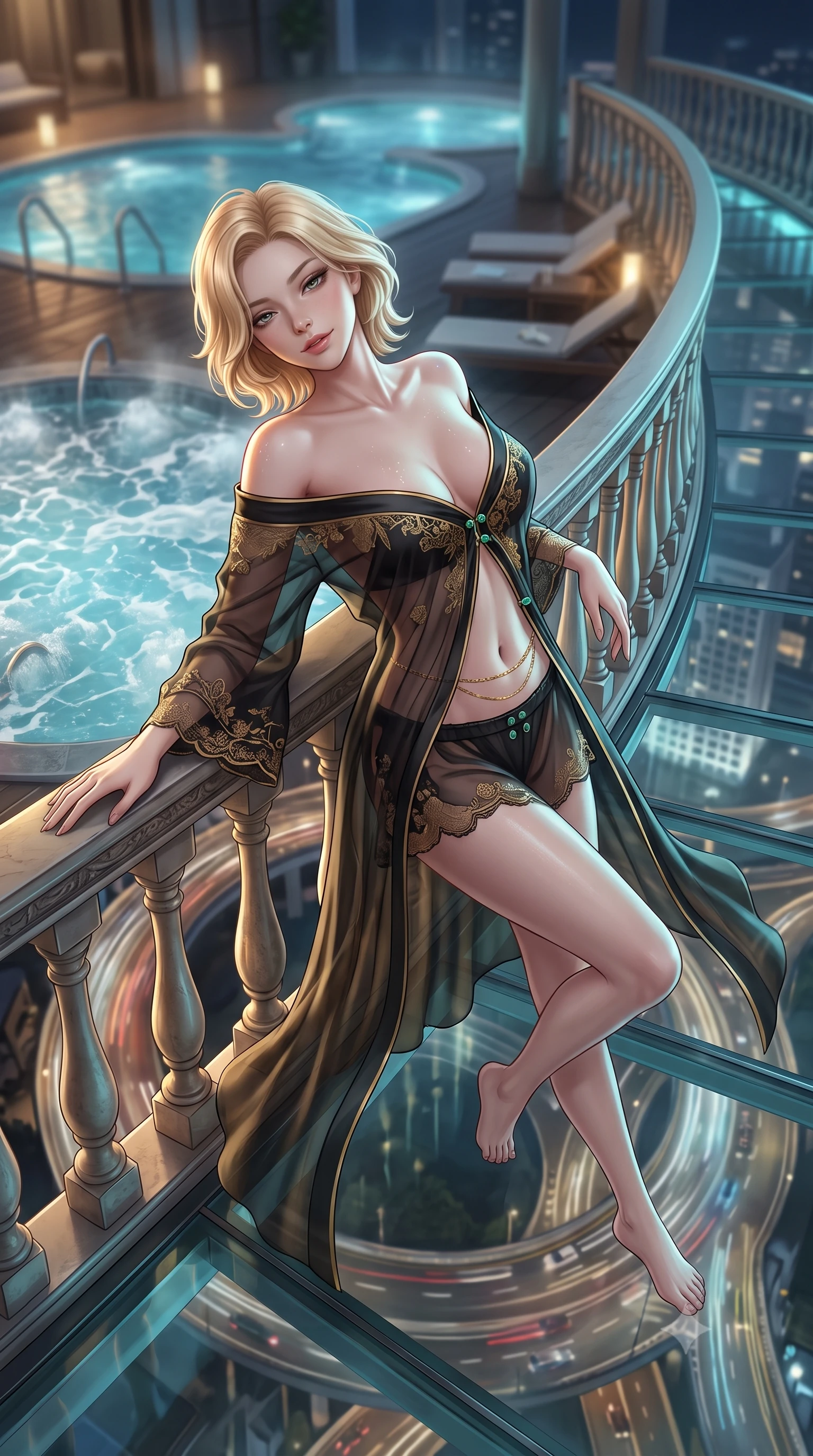 score_9, masterpiece, best quality, ultra-detailed, high-budget anime keyframe, semi-realistic 3D game render, editorial fashion photography, tasteful artistic composition, Caucasian woman. close-up cowboy shot from the waist and thighs up, the character dominates the composition, filling the frame with her large presence. leaning back against the balustrade with relaxed seductive grace, head tilted back slightly while casting a hypnotic, heavy-lidded gaze while standing poised on the glass cantilever walkway extending over the circular highway interchange, arching her spine with wet-look siren grace. The background shows a soft-focus bubbling hydrotherapy jets softened in high-tech urban spa shallow focus. She has an exceptionally elegant, slender, and willowy female figure with an ultra-slim waist, flat toned midriff, narrow ribcage, and sculpted feminine hips creating an alluring, slim hourglass silhouette without bulk. sharp v-shaped jawline, high-bridge nose, intricate jewel-like sparkling eyes with depth, thick eyelashes, glossy parted lips with a natural peach sheen, bright cheerful beaming smile with an enchanting and coquettish sensual glint, exuding both youthful cute charm and seductive allure, flawlessly proportioned anatomical accuracy, strict slender model proportions, natural body alignment, perfectly sculpted long slender limbs, ultra-slim waistline, clean dynamic posture without body distortion. wearing an alluring semi-sheer silk chiffon boudoir peignoir slipping off bare shoulders with delicate jade button accents in Shanghai noir black and imperial 24k gold, made of delicate embroidered tulle lace with intricate floral motifs and soft transparency, accented with a dainty gold belly chain resting across her flat midriff and curving hips, the second-skin tailored fabric adhering flawlessly to her sculpted flat midriff and slender torso, emphasizing her long leg lines and perfectly proportioned willowy build. illuminated by water surface reflection bounce and sharp platinum-cyan rim lights defining her dewy collarbones, ultra-slim waist, and curvy hips. highly saturated vibrant anime colors, detailed shading with soft gradients, rich glossy textures, high-contrast stereoscopic depth, volumetric dynamic lighting, master piece, 9:16 ratio