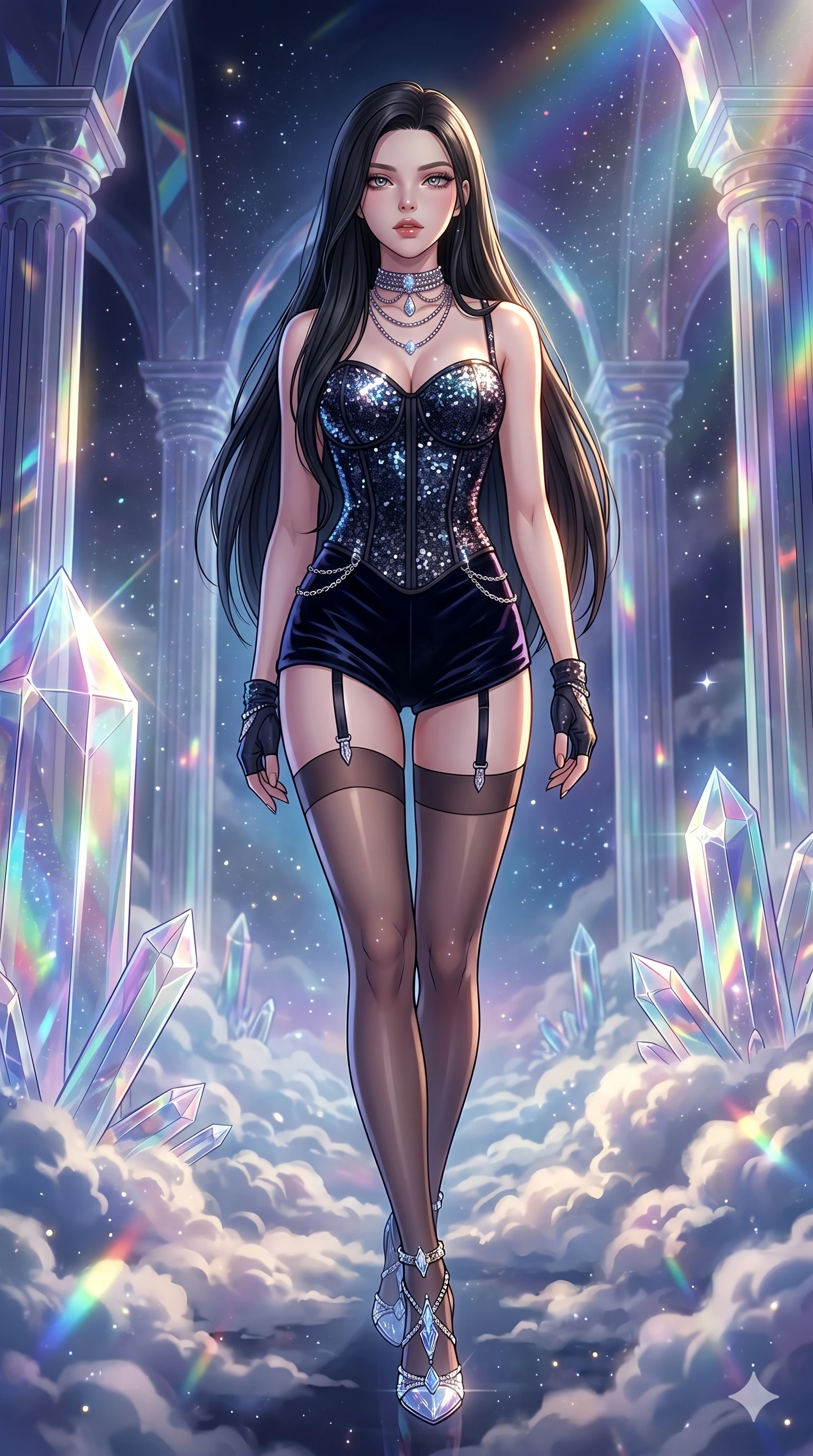 score_9, masterpiece, best quality, ultra-detailed, high-budget anime movie keyframe, cinematic anime lighting, intricate line art, Japanese woman. Low angle cowboy shot filling the entire 9:16 frame with her statuesque presence. navigating a sea of clouds in a crystal palace above the clouds in a mist of stardust. She has an absolutely perfect 8-heads proportion, an exceptionally tall and slender female figure with an ultra-slim waist and impossibly long slender legs. sharp v-shaped jawline, high-bridge nose, intricate jewel-like eyes, thick eyelashes, glossy lips. Wearing luxurious K-pop idol stage outfit featuring a sparkling sequined corset, high-cut velvet shorts, and sheer silk stockings with garter belts, accessorized with crystal chokers. The scene is illuminated by dramatic atmospheric lighting and vibrant color palettes. , 2k, ultra detail, master piece, 9:16 ratio