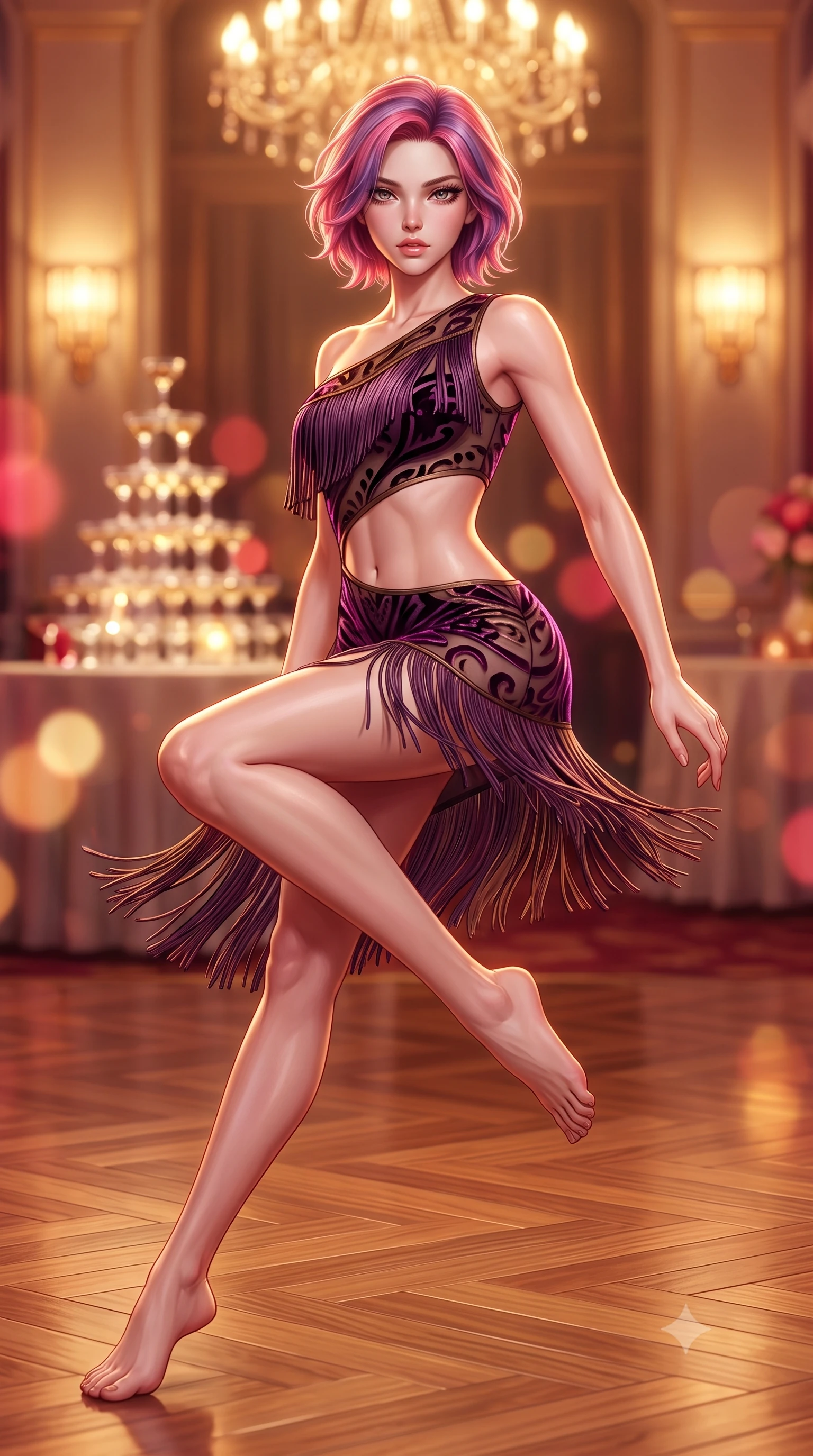 score_9, masterpiece, best quality, ultra-detailed, high-budget anime keyframe, semi-realistic 3D game render, editorial fashion photography, tasteful artistic composition, Caucasian woman. low angle full-body shot from head to toe showing her feet, filling the entire 9:16 vertical frame with her statuesque presence, stretching her vertical silhouette. reclining on her side in an elegant Cleopatra pose with one knee drawn up, the dramatic contour of her rounded hips and long slender legs commanding the 9:16 vertical frame while twirling dynamically on the polished parquet dance floor, fringes of her dress fluttering around her curvy hips. The composition keeps background elements in soft focus with creamy bokeh. towering crystal champagne pyramids and glowing art-deco wall sconces blurred into warm champagne, whiskey-gold, and ruby bokeh. She has an absolutely perfect, statuesque 8.5-heads proportion, an exceptionally tall and slender model-like female figure with impossibly long slender legs, a toned flat midriff, an ultra-slim waist, and beautifully sculpted feminine hips. sharp v-shaped jawline, high-bridge nose, intricate jewel-like eyes with depth, thick eyelashes, glossy parted lips with a natural sheen, intensely captivating and seductive bedroom-eyes expression, flawlessly proportioned anatomical accuracy, strict slender model proportions, natural body alignment, perfectly sculpted long slender limbs, ultra-slim waistline, clean dynamic posture without body distortion. wearing an asymmetric one-shoulder fringe flapper dress with an exposed midriff cutout in deep plum violet and antique bronze, made of sheer contouring mesh with velvet flocking patterns, finished with tiered silk fringe tassels that sway with every feminine hip movement, the second-skin form-contouring cut accentuating her sculpted flat midriff, narrow waistline, and dramatically curvy hips without adding bulk. bathed in warm incandescent chandelier warmth and vintage amber neon glow. highly saturated vibrant anime colors, detailed shading with soft gradients, rich glossy textures, high-contrast stereoscopic depth, volumetric dynamic lighting, master piece, 9:16 ratio