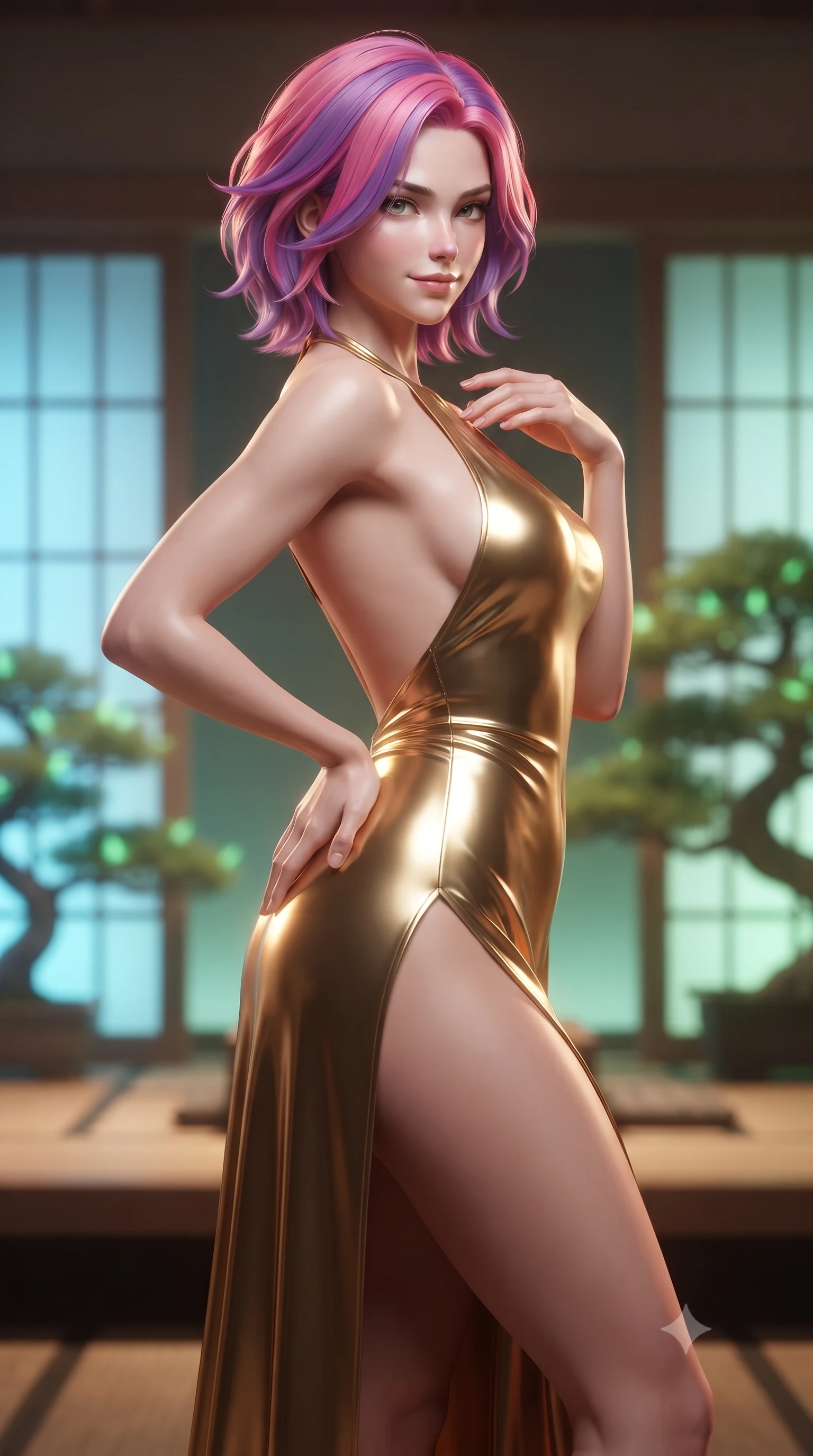 score_9, masterpiece, best quality, ultra-detailed, high-budget anime keyframe, editorial fashion photography, tasteful artistic composition, Caucasian woman woman. close-up cowboy shot from the waist and thighs up, the character dominates the composition, filling the frame with her large presence, background elements kept in soft focus. She has an exceptionally elegant, slender, and willowy female figure with an ultra-slim waist, a gracefully sculpted slender torso, and a refined silhouette. glancing sidelong over her shoulder with a smoldering, magnetic half-smile, flawlessly proportioned anatomical accuracy, natural body alignment, perfectly sculpted elegant limbs, clean dynamic posture without body distortion. set against a soft-focus background of a cyber-zen tea room with digital shoji screens and bonsai. wearing a backless metallic gold halter gown with a daring high side slit to mid-thigh. bathed in soft warm wooden ambient glow with gentle green digital plant highlights. ultra-reflective glossy finish, specular highlights, metallic sheen, high-contrast stereoscopic depth, volumetric dynamic lighting, 2k, ultra detail, master piece, 9:16 ratio