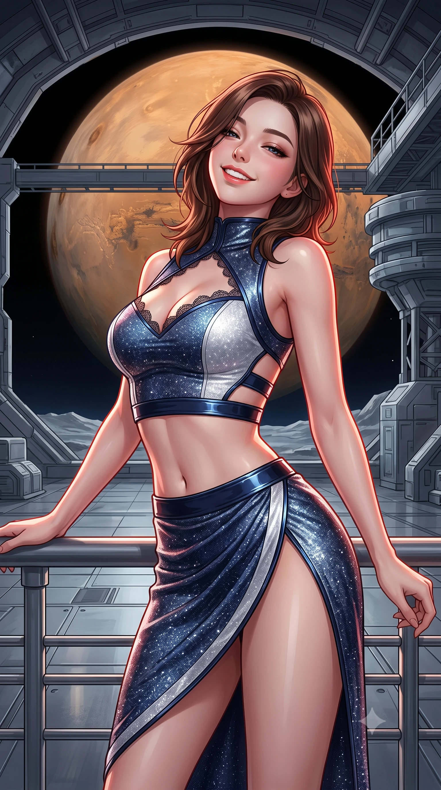 score_9, masterpiece, best quality, ultra-detailed, high-budget anime keyframe, semi-realistic 3D game render, editorial fashion photography, tasteful artistic composition, Korean woman. close-up cowboy shot from the waist and thighs up, the character dominates the composition, filling the frame with her large presence. leaning back against the balustrade with relaxed seductive grace, head tilted back slightly while casting a hypnotic, heavy-lidded gaze while standing poised inside the cavernous crater hangar opening directly onto the airless void, arching her lower back with commanding presence as the gigantic ochre disk of Mars looms above. The surrounding environment is rendered in vivid detail and crisp panoramic clarity: detailed pilot uniform lines, glossy patent leather trims, and airless space station engineering in high resolution. She has an exceptionally elegant, slender, and willowy female figure with an ultra-slim waist, flat toned midriff, narrow ribcage, and sculpted feminine hips creating an alluring, slim hourglass silhouette without bulk. sharp v-shaped jawline, high-bridge nose, intricate jewel-like sparkling eyes with depth, thick eyelashes, glossy parted lips with a natural peach sheen, bright cheerful beaming smile with an enchanting and coquettish sensual glint, exuding both youthful cute charm and seductive allure, flawlessly proportioned anatomical accuracy, strict slender model proportions, natural body alignment, perfectly sculpted long slender limbs, ultra-slim waistline, clean dynamic posture without body distortion. wearing an alluring tactical crop top with asymmetrical side-rib cutouts and high-neck collar paired with a high-slit wrap skirt in pristine orbital navy white and silver starlight, woven from stretch metallic lurex jersey casting radiant starlight glints across her curves, finished with scalloped eyelash lace trim framing her sweetheart neckline with intimate elegance, the bespoke structured tailoring following the natural line of her 8.5-heads silhouette with refined elegance. illuminated by titanium floor reflection bounce and sharp Mars-red rim lights defining her jawline, narrow waist, and curvy hips. highly saturated vibrant anime colors, detailed shading with soft gradients, rich glossy textures, high-contrast stereoscopic depth, volumetric dynamic lighting, master piece, 9:16 ratio