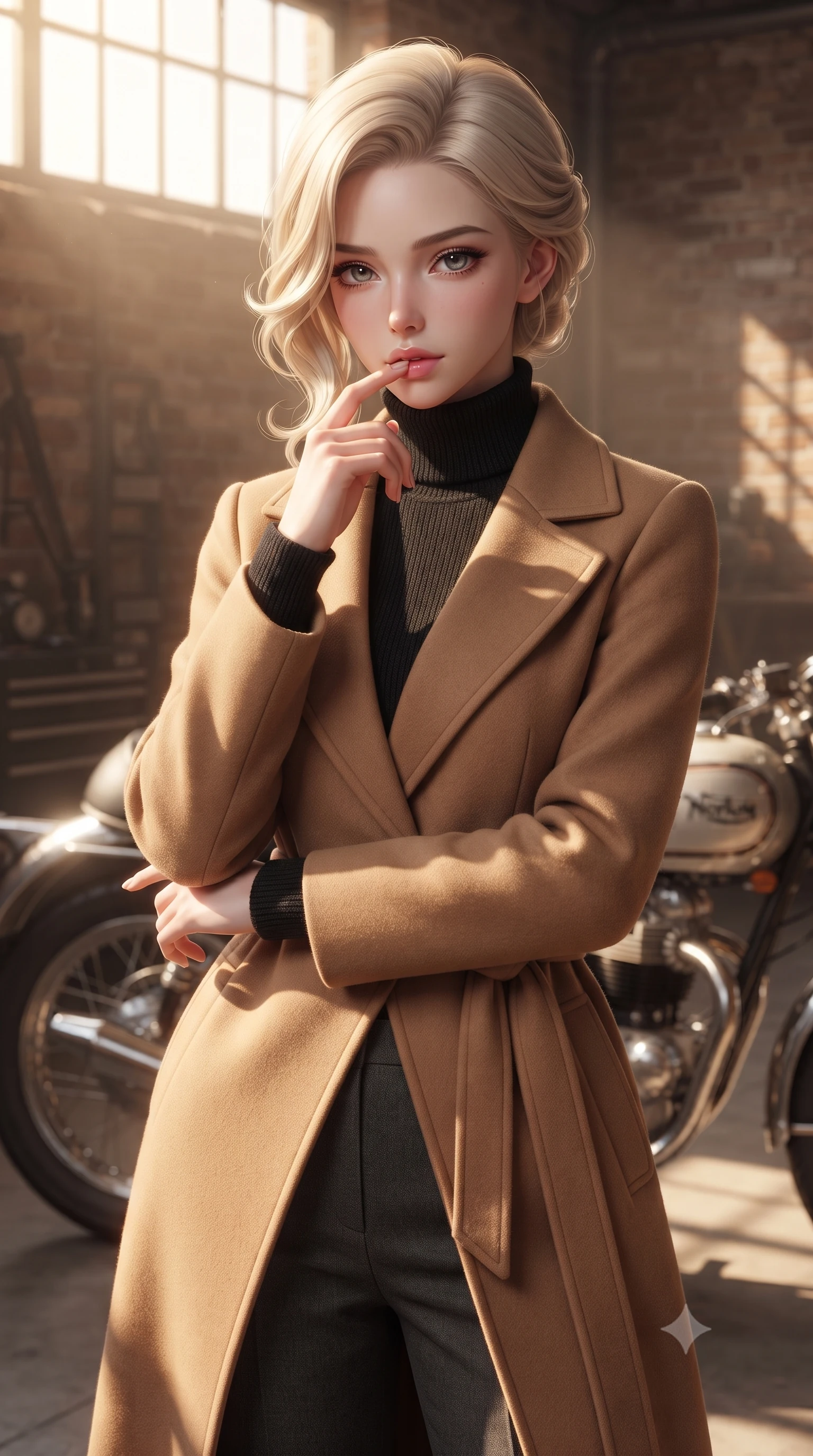 score_9, masterpiece, best quality, ultra-detailed, high-budget anime keyframe, editorial fashion photography, tasteful artistic composition, Caucasian woman. close-up cowboy shot from the waist and thighs up, the character dominates the composition, filling the frame with her large presence, background elements kept in soft focus. pressing one finger to her bottom lip in a thoughtful, seductive gesture under the warm sun the background shows a soft-focus a private hangar with a vintage motorcycle and exposed brick walls. She has an exceptionally elegant, slender, and willowy female figure with an ultra-slim waist, a gracefully sculpted slender torso, and a refined silhouette. sharp v-shaped jawline, high-bridge nose, intricate jewel-like eyes with depth, thick eyelashes, glossy lips with a natural sheen. wearing a tailored warm camel-colored wrap coat over a black turtleneck sweater and charcoal slacks. warm candlelight casting dramatic shadows on the steel motorcycle parts. ultra-reflective glossy finish, specular highlights, metallic sheen, high-contrast stereoscopic depth, volumetric dynamic lighting, 2k, ultra detail, master piece, 9:16 ratio