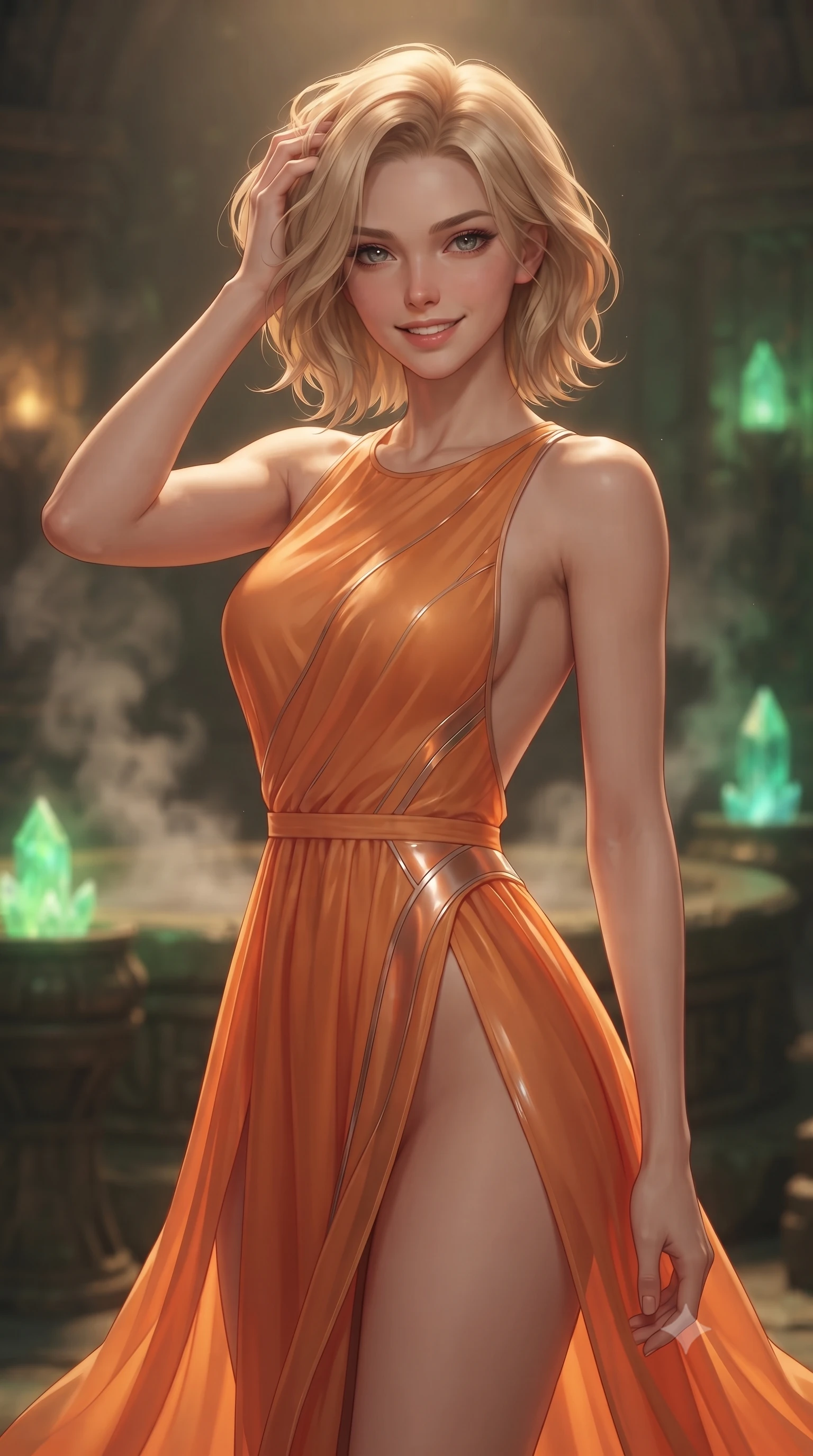 score_9, masterpiece, best quality, ultra-detailed, high-budget anime keyframe, editorial fashion photography, tasteful artistic composition, Caucasian woman. close-up cowboy shot from the waist and thighs up, the character dominates the composition, filling the frame with her large presence, background elements kept in soft focus. slowly running a hand through her hair, smiling with quiet, magnetic self-assurance directly into the camera, the background shows a soft-focus a jade stone sanctuary chamber with steam vents and green crystal lamps. She has an exceptionally elegant, slender, and willowy female figure with an ultra-slim waist, a gracefully sculpted slender torso, and a refined silhouette. sharp v-shaped jawline, high-bridge nose, intricate jewel-like eyes with depth, thick eyelashes, glossy lips with a natural sheen. wearing a tailored high-slit space combat gown in sunset orange chiffon, featuring a daring thigh-slit and an open-back design. low-contrast, soft warm ambient uplight casting a peaceful, gold glow. ultra-reflective glossy finish, specular highlights, metallic sheen, high-contrast stereoscopic depth, volumetric dynamic lighting, 2k, ultra detail, master piece, 9:16 ratio