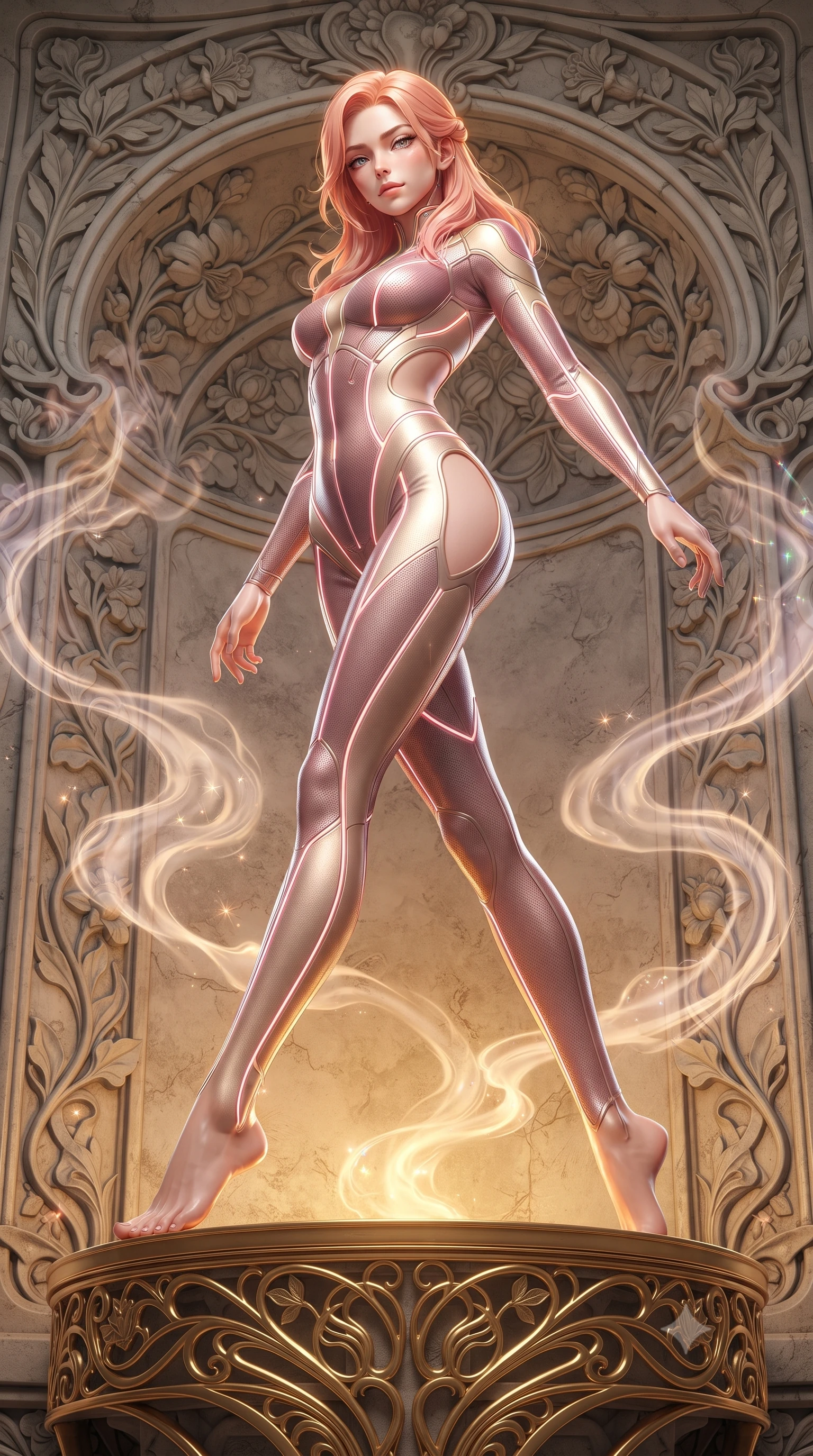 score_9, masterpiece, best quality, ultra-detailed, high-budget anime keyframe, editorial fashion photography, tasteful artistic composition, Japanese woman. low angle full-body shot from head to toe showing her feet, filling the entire 9:16 vertical frame with her statuesque presence, stretching her vertical silhouette. leaping gracefully through the environment with statuesque elegance and long slender legs poised on a golden filigree altar surrounded by glowing incense vapors, intricate floral Art Nouveau motifs decorating the surrounding stone. She has an absolutely perfect, statuesque 8.5-heads proportion, an exceptionally tall and slender model-like female figure with impossibly long slender legs and an ultra-slim waist. sharp v-shaped jawline, high-bridge nose, intricate jewel-like eyes with depth, thick eyelashes, glossy lips with a natural sheen. wearing a skin-tight cybernetic bodysuit with glowing neon seams and side cutouts in dusty rose and champagne gold, made of fine carbon-fiber weave and soft matte leather, featuring subtle geometric cutouts that highlight her ultra-slim midriff, the form-contouring material highlighting her ultra-slim waist and long lines. illuminated by a warm golden key light and brilliant multi-color rim light. ultra-reflective glossy finish, specular highlights, metallic sheen, high-contrast stereoscopic depth, volumetric dynamic lighting, 2k, ultra detail, master piece, 9:16 ratio
