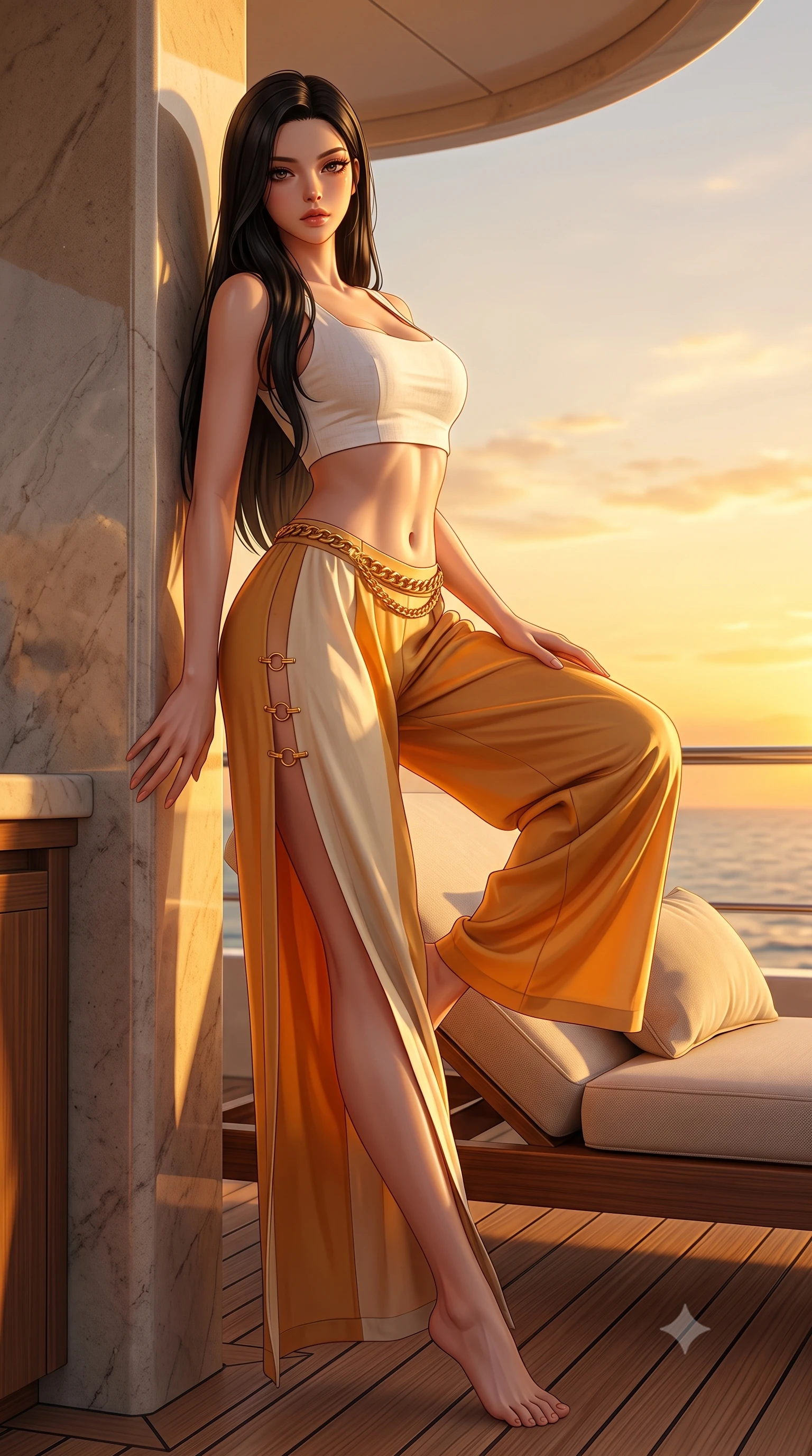score_9, masterpiece, best quality, ultra-detailed, high-budget anime keyframe, semi-realistic 3D game render, editorial fashion photography, tasteful artistic composition, Korean woman. low angle full-body shot from head to toe showing her feet, filling the entire 9:16 vertical frame with her statuesque presence, stretching her vertical silhouette. leaning deep against the structural architecture with hips cocked in an unapologetically bold, seductive high-fashion stance while reclining on the sun lounger with one knee raised, the warm golden sunset bathing the sweeping curve of her waist and hips in liquid light. The surrounding environment is rendered in vivid detail and crisp panoramic clarity. rich golden-hour chiaroscuro and ultra-luxury maritime grand touring aesthetics rendered with precision. She has an absolutely perfect, statuesque 8.5-heads proportion, an exceptionally tall and slender model-like female figure with impossibly long slender legs, a toned flat midriff, an ultra-slim waist, and beautifully sculpted feminine hips. sharp v-shaped jawline, high-bridge nose, intricate jewel-like eyes with depth, thick eyelashes, glossy parted lips with a natural sheen, intensely captivating and seductive bedroom-eyes expression, flawlessly proportioned anatomical accuracy, strict slender model proportions, natural body alignment, perfectly sculpted long slender limbs, ultra-slim waistline, clean dynamic posture without body distortion. wearing a tailored white linen crop top paired with low-slung flowing silk palazzo pants and a gold chain belt in warm amber honey and natural linen cream, tailored from crisp structured cotton poplin with organic dye, finished with an ultra-high side slit secured by miniature gold nautical rings, the second-skin form-contouring cut accentuating her sculpted flat midriff, narrow waistline, and dramatically curvy hips without adding bulk. surrounded by an opulent, sun-drenched, and breathtakingly seductive jet-set heiress aura. highly saturated vibrant anime colors, detailed shading with soft gradients, rich glossy textures, high-contrast stereoscopic depth, volumetric dynamic lighting, master piece, 9:16 ratio
