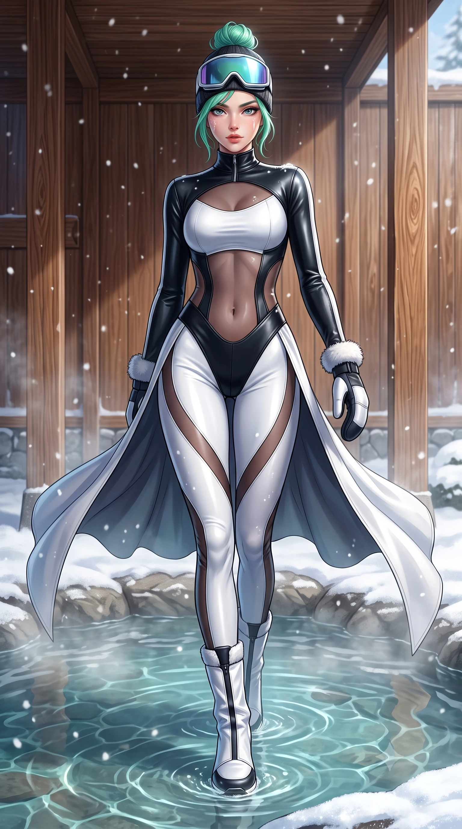 score_9, masterpiece, best quality, ultra-detailed, high-budget anime keyframe, semi-realistic 3D game render, editorial fashion photography, tasteful artistic composition, Japanese woman. low angle full-body shot from head to toe showing her feet, filling the entire 9:16 vertical frame with her statuesque presence, stretching her vertical silhouette. striding forward in a proud, dynamic supermodel runway stride, hips swaying in an alluring kinetic rhythm that stretches her silhouette while wading through the steaming thermal mineral pool, arching her spine in pure pleasure as snowflakes melt on her glowing skin. The surrounding environment is rendered in vivid detail and crisp panoramic clarity. crisp cedar wood grain, steam droplet beads on stone, and mineral water ripple caustics in deep focus. She has an absolutely perfect, statuesque 8.5-heads proportion, an exceptionally tall and slender model-like female figure with impossibly long slender legs, a toned flat midriff, and an ultra-slim waist. sharp v-shaped jawline, high-bridge nose, intricate jewel-like eyes with depth, thick eyelashes, glossy parted lips with a natural sheen, intensely captivating and seductive expression, flawlessly proportioned anatomical accuracy, strict slender model proportions, natural body alignment, perfectly sculpted long slender limbs, ultra-slim waistline, clean dynamic posture without body distortion. wearing a cutout polar techwear bodysuit with sheer thermal mesh panels and snow gaiter boots in high-contrast black ski leather and arctic white, tailored from ultra-sleek thermal stretch neoprene with satin sheen, accessorized with mirrored ice-glare goggles resting on her beanie and fur mittens, the sweeping couture drape swaying majestically with her steps, accentuating her tall statuesque limbs and slender waistline. surrounded by an intimate, tranquil, and deeply sensual mountain onsen muse aura. highly saturated vibrant anime colors, detailed shading with soft gradients, rich glossy textures, high-contrast stereoscopic depth, volumetric dynamic lighting, master piece, 9:16 ratio