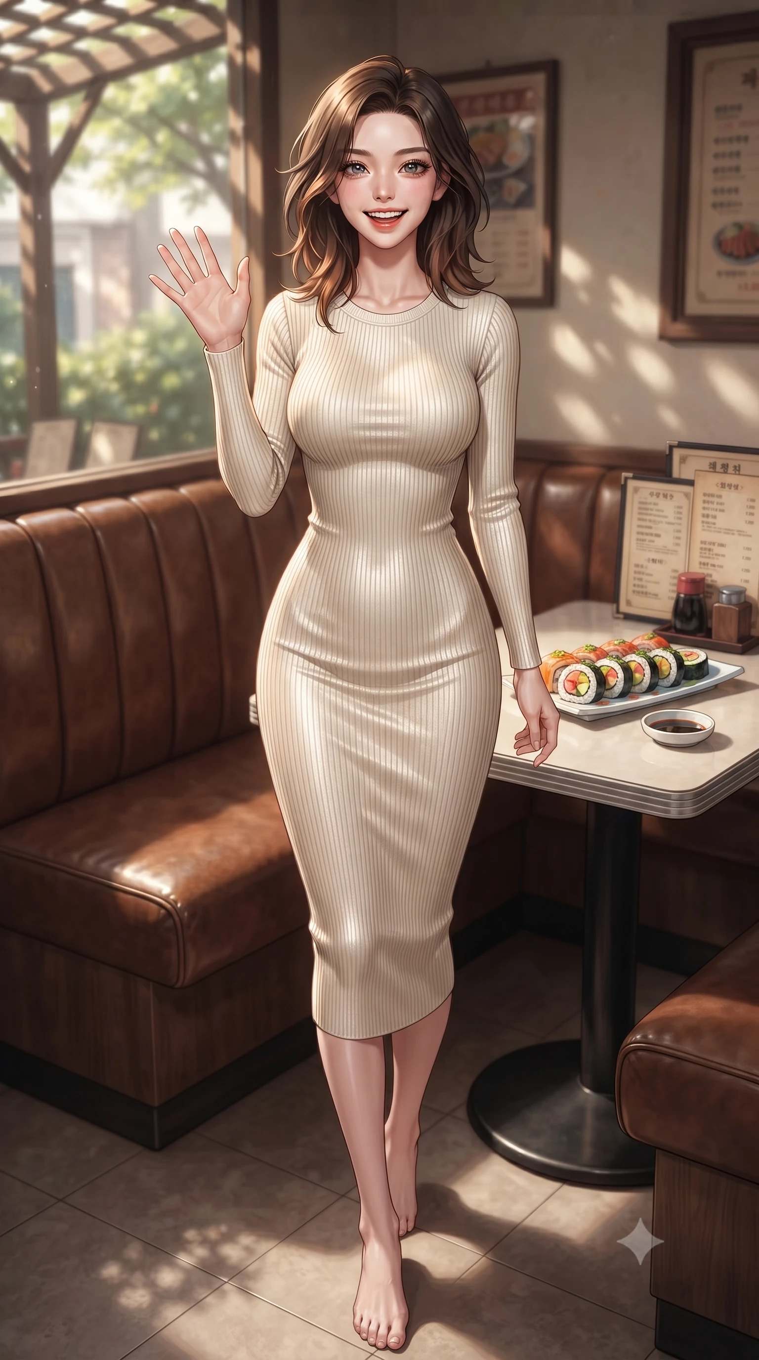 score_9, masterpiece, best quality, ultra-detailed, high-budget anime keyframe, editorial fashion photography, tasteful artistic composition, Korean woman. low angle full-body shot from head to toe showing her feet, filling the entire 9:16 vertical frame with her statuesque presence, stretching her vertical silhouette. stepping forward with a bright, cheerful smile, waving happily at the viewer set against a soft-focus background of in a cozy traditional diner corner with leather booths and vintage menus with a plate of colorful sushi rolls and a small dish of soy sauce on the table. She has an absolutely perfect, statuesque 8.5-heads proportion, an exceptionally tall and slender model-like female figure with impossibly long slender legs and an ultra-slim waist. sharp v-shaped jawline, high-bridge nose, intricate jewel-like eyes with depth, thick eyelashes, glossy lips with a natural sheen. wearing body-hugging form-fitting ribbed knit dress in cream, contouring her slender silhouette. dappled sunlight filtering through the outdoor trellis onto her shoulders. ultra-reflective glossy finish, specular highlights, metallic sheen, high-contrast stereoscopic depth, volumetric dynamic lighting, 2k, ultra detail, master piece, 9:16 ratio