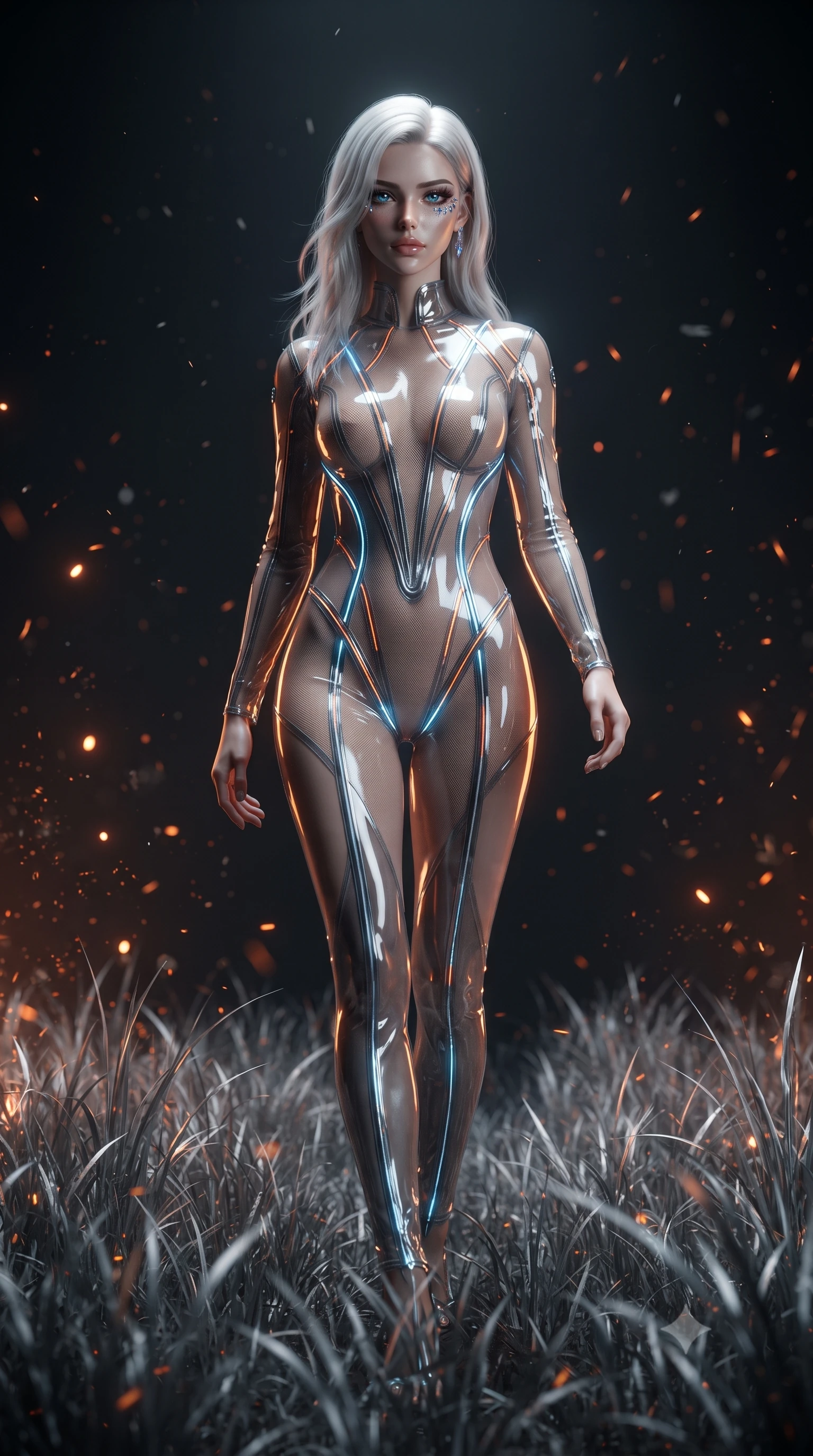 score_9, masterpiece, best quality, ultra-detailed, High-budget Anime Keyframe, editorial fashion photography, tasteful artistic composition, realistic cosplay photography, Caucasian woman, strictly human ears. Low angle cowboy shot filling the entire 9:16 frame with her statuesque presence. Scenario 395: walking through a field of tall silver grass at a quiet chamber filled with glowing embers and floating ash particles. Her presence is magnetic and overpowering in this high-budget cinematic scene. Outfit 395: a tailored translucent PVC micro-mesh with a sheer panels and glowing LED seams. The clothing is designed to emphasize her exceptionally tall and slender 8-heads proportion. 8-heads proportion, towering silhouette, ultra-slim waist. sharp v-shaped jawline, intricate jewel-like eyes with depth, thick eyelashes, glossy lips. ultra-reflective glossy finish, specular highlights, metallic sheen, high-contrast stereoscopic depth, volumetric dynamic lighting, 2k, ultra detail, master piece, 9:16 ratio