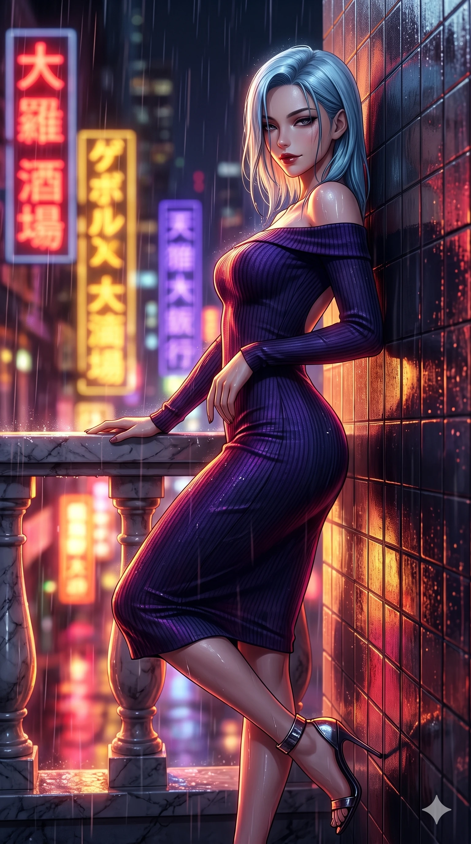 score_9, masterpiece, best quality, ultra-detailed, high-budget anime keyframe, semi-realistic 3D game render, editorial fashion photography, tasteful artistic composition, Korean woman. close-up cowboy shot from the waist and thighs up, the character dominates the composition, filling the frame with her large presence. resting one elbow on the marble balustrade while arching her spine with dancer poise, her dark bedroom-eyes casting a magnetic sidelong glance while leaning back against the rain-slicked tile wall with hips cocked back, looking through dark wet strands of hair with heavy-lidded bedroom-eyes. The background shows a soft-focus vertical kanji neon signs in deep crimson, gold, and royal purple blurred into dazzling saturated reflections and dreamy rain bokeh. She has an exceptionally elegant, slender, and willowy female figure with an ultra-slim waist, flat toned midriff, narrow ribcage, and sculpted feminine hips creating an alluring, slim hourglass silhouette without bulk. sharp v-shaped jawline, high-bridge nose, intricate jewel-like dark sparkling eyes with dangerous depth, thick curled eyelashes, glossy parted lips with a rich wine sheen, smoldering seductive half-smile with bedroom-eyes, exuding effortless superiority and intoxicating dark allure, flawlessly proportioned anatomical accuracy, strict slender model proportions, natural body alignment, perfectly sculpted long slender limbs, ultra-slim waistline, clean dynamic posture without body distortion. wearing a form-contouring off-shoulder ribbed cashmere bodycon midi dress with a low-back scoop in ultraviolet neon and dark rain-soaked shadow tones, tailored from fine lightweight midnight wool crepe with crisp architectural structure, complemented by strappy stiletto heels with metallic ankle cuffs accentuating her slender calves, the bespoke structured tailoring following the natural line of her 8.5-heads silhouette with refined elegance. bathed in intense saturated crimson and warm gold neon underlights contrasting with dark rain-soaked shadow tones. highly saturated vibrant anime colors, detailed shading with soft gradients, rich glossy textures, high-contrast stereoscopic depth, volumetric dynamic lighting, master piece, 9:16 ratio