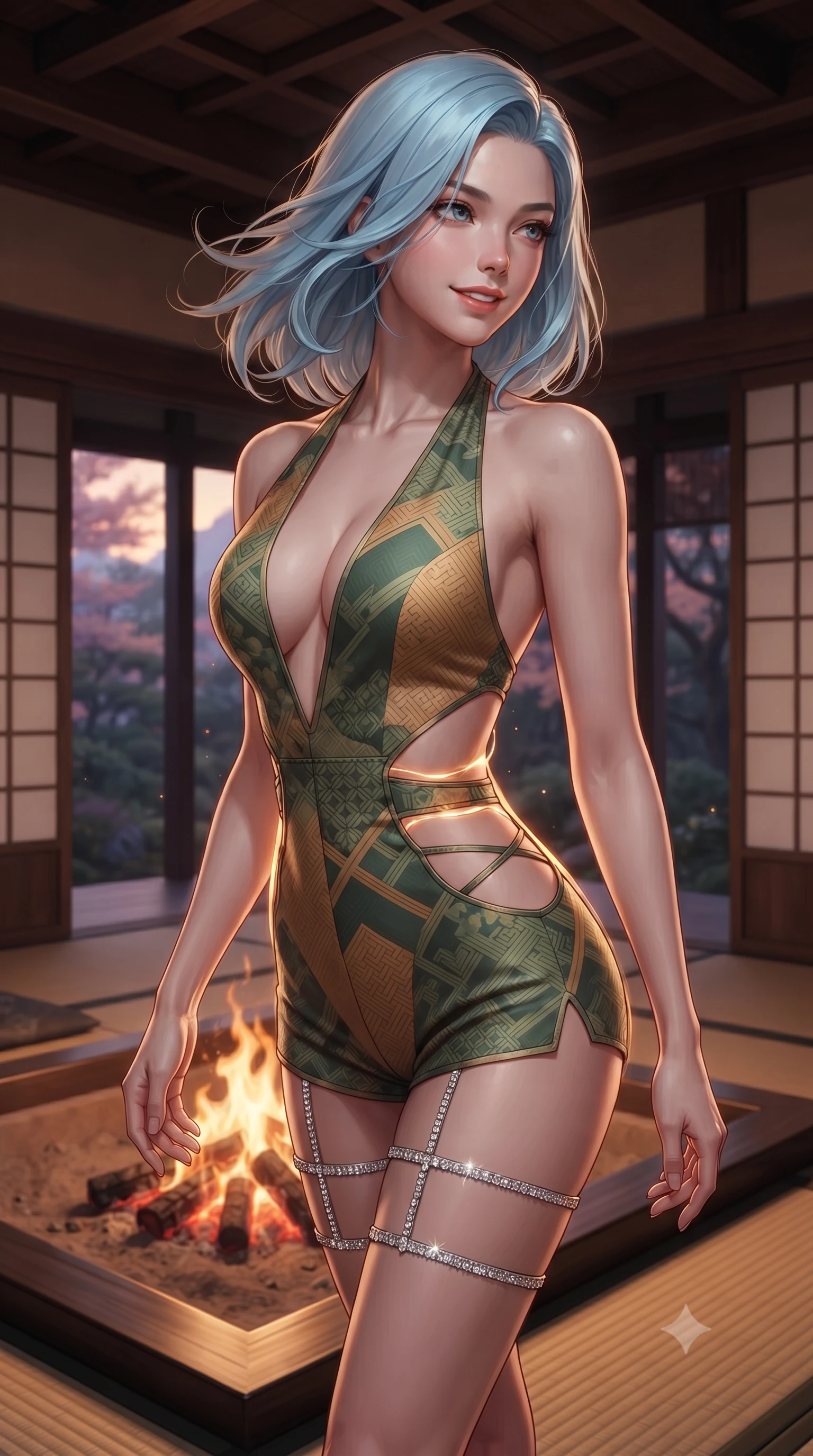 score_9, masterpiece, best quality, ultra-detailed, high-budget anime keyframe, editorial fashion photography, tasteful artistic composition, Korean woman. close-up cowboy shot from the waist and thighs up, the character dominates the composition, filling the frame with her large presence. turning slowly with an enchanting smoldering smile, her glossy hair tossing in the breeze as her hips angle gracefully in a captivating contrapposto while twisting her slender torso in an alluring contrapposto stance beside the sunken hearth fire pit, amber flame ribbons tracing her flat midriff and hips. The surrounding environment is rendered in vivid detail and crisp panoramic clarity: detailed garment cut, bodycon tailoring, and master Japanese mountain architecture in razor-sharp precision. She has an exceptionally elegant, slender, and willowy female figure with an ultra-slim waist, flat toned midriff, narrow ribcage, and sculpted feminine hips creating an alluring, slim hourglass silhouette without bulk. sharp v-shaped jawline, high-bridge nose, intricate jewel-like sparkling eyes with depth, thick eyelashes, glossy parted lips with a natural peach sheen, bright cheerful beaming smile with an enchanting and coquettish sensual glint, exuding both youthful cute charm and seductive allure, flawlessly proportioned anatomical accuracy, strict slender model proportions, natural body alignment, perfectly sculpted long slender limbs, ultra-slim waistline, clean dynamic posture without body distortion. wearing a daring low-cut halterneck romper with exposed midriff and strappy hip cutouts in Japanese hinoki cedar honey and Kyoto matcha jade, crafted from bespoke double-faced cashmere with an exceptionally soft tactile finish, finished with delicate crystal-encrusted thigh garter straps glinting in the dim light, the precision-cut side openings and low-back scoop framing her graceful spine and the sensual sweep of her slim, toned hips. bathed in the contrast of warm 2200K charcoal hearth embers and pastel alpenglow twilight washing across the sky. ultra-reflective glossy finish, specular highlights, rich textural contrasts, high-contrast stereoscopic depth, volumetric dynamic lighting, 2k, ultra detail, master piece, 9:16 ratio